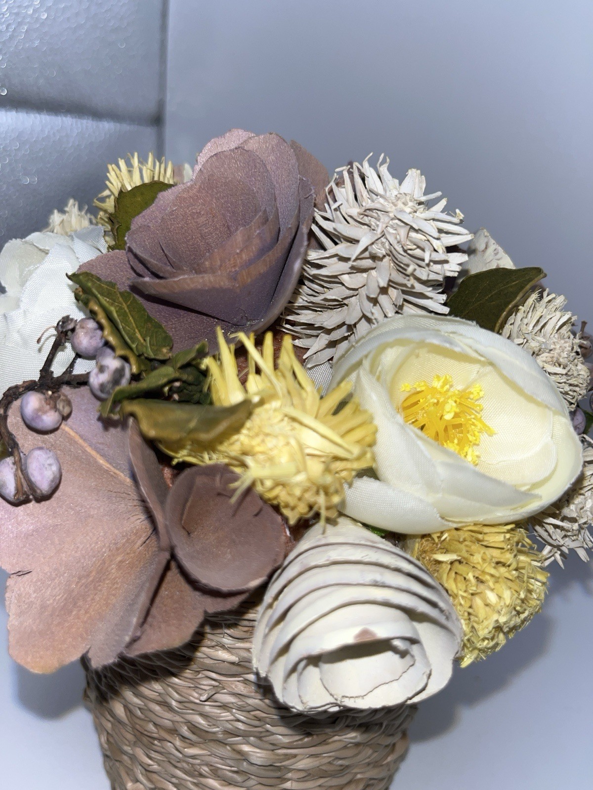 Sola Wood Rose Floral Arrangement Lavender Mauve Ivory Faux Flower Weave Basket