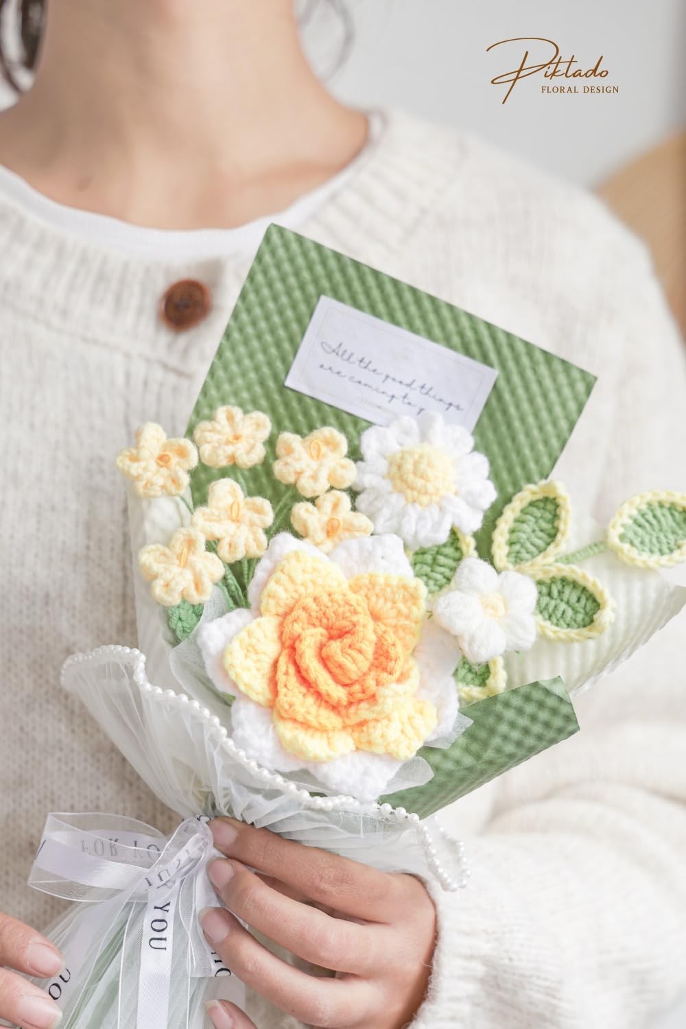 Hand-Woven Crochet Flower Bouquet (1 Piece, Yellow), Handmade Knitted Artific…