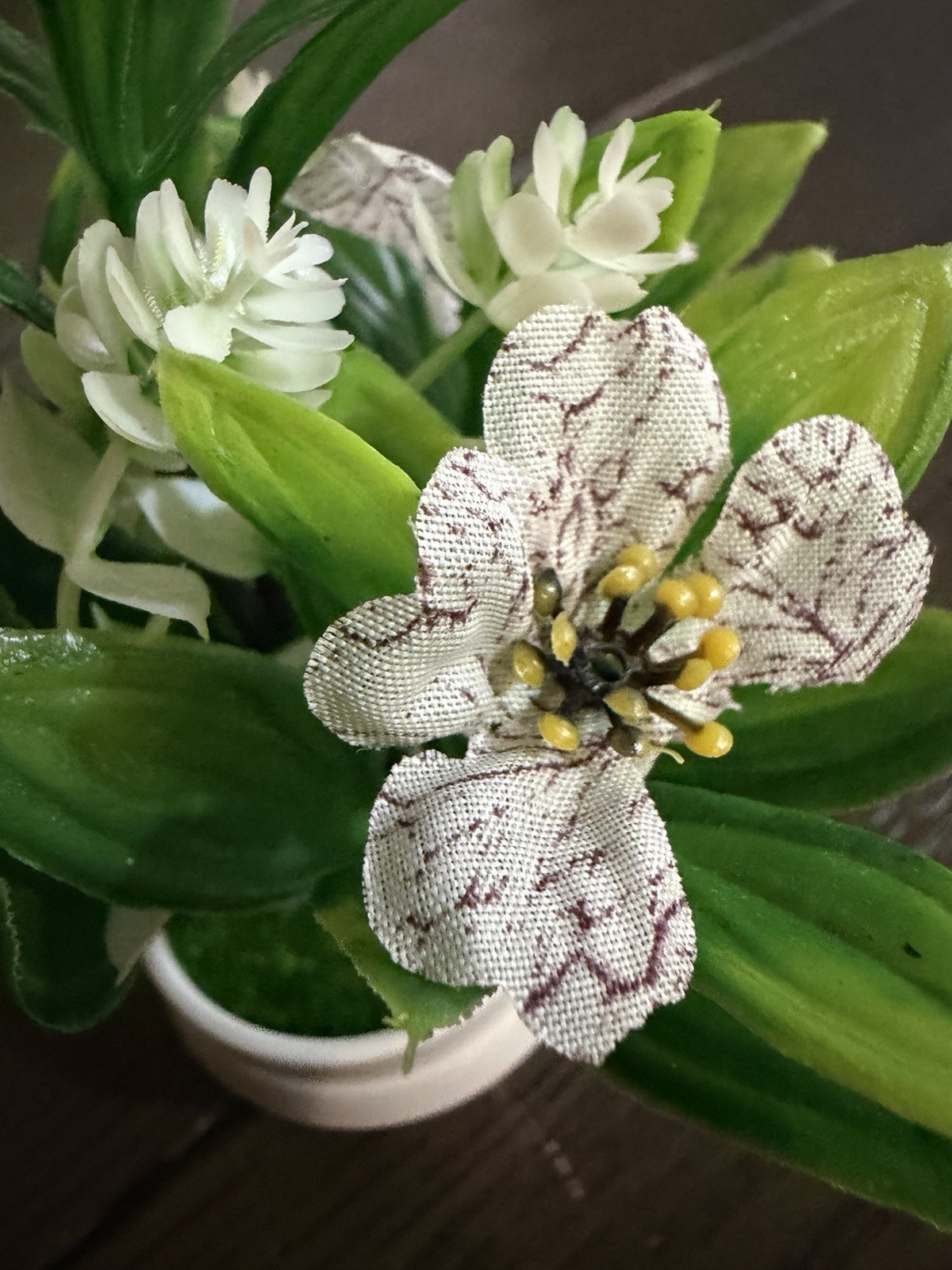 Artificial White Striped Flower Plant in White Pot – Home Décor (SKU 001)