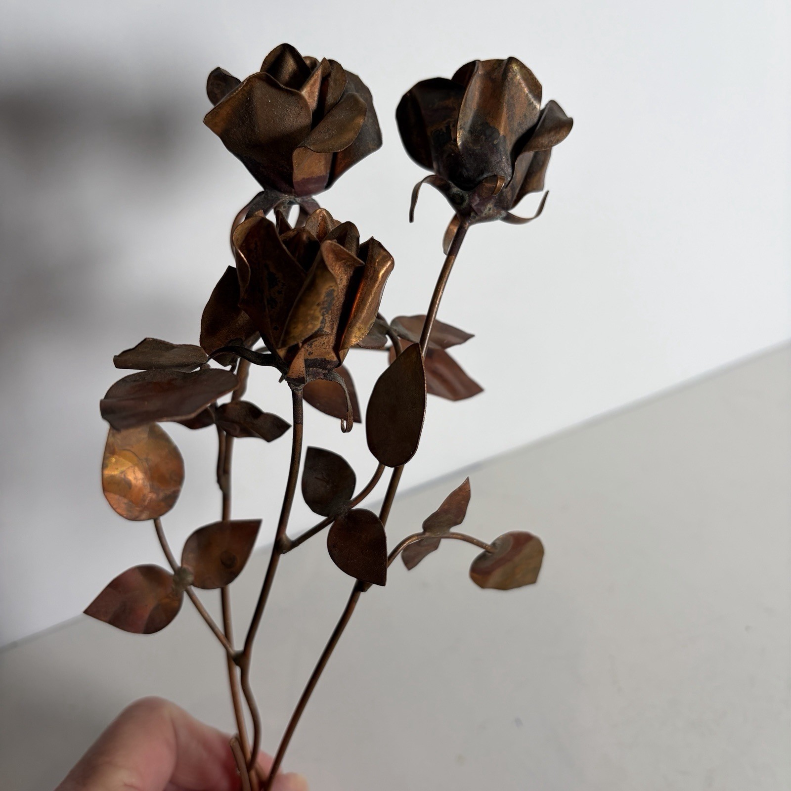 VTG MCM Long Stem Brass Copper Metal Roses Rose Lot of 3 Flowers