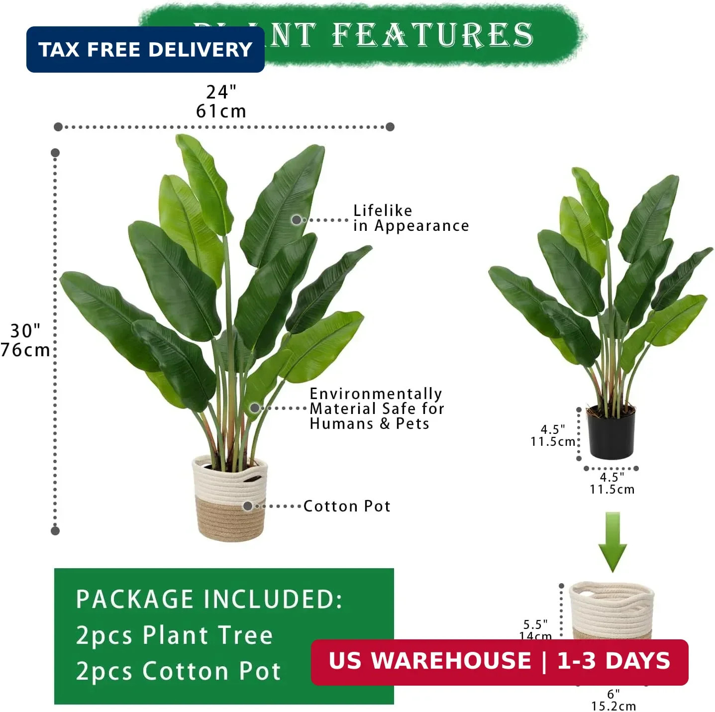 2pcs Large Artificial Bird of Paradise Plant in Pot, 30″ Fake Palm Tropical Fern