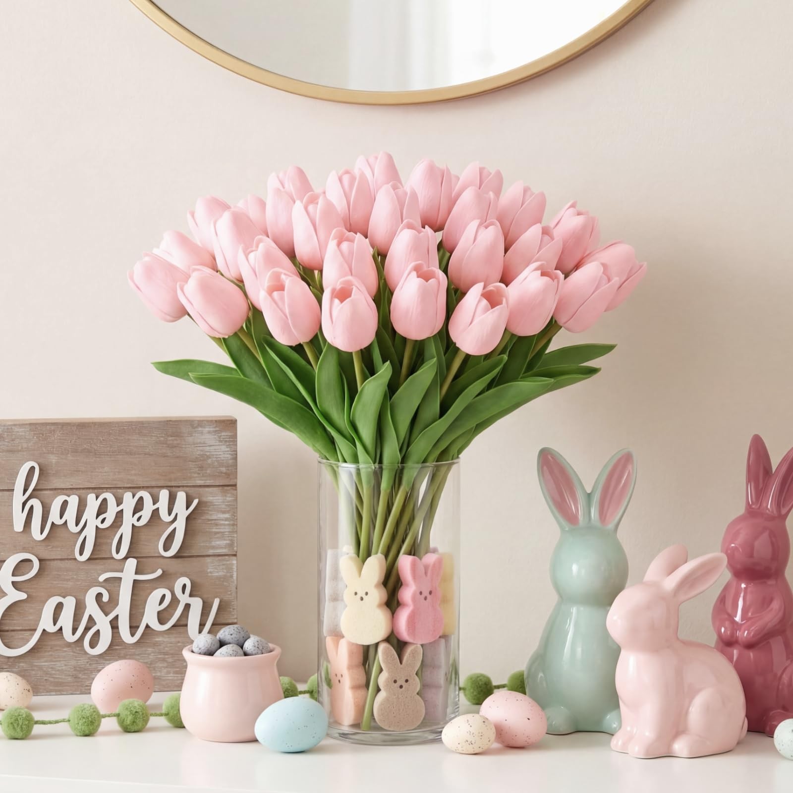 30 PCS Pink Artificial Tulip With Clear Vase Faux Bouquet Floral Centerpiece