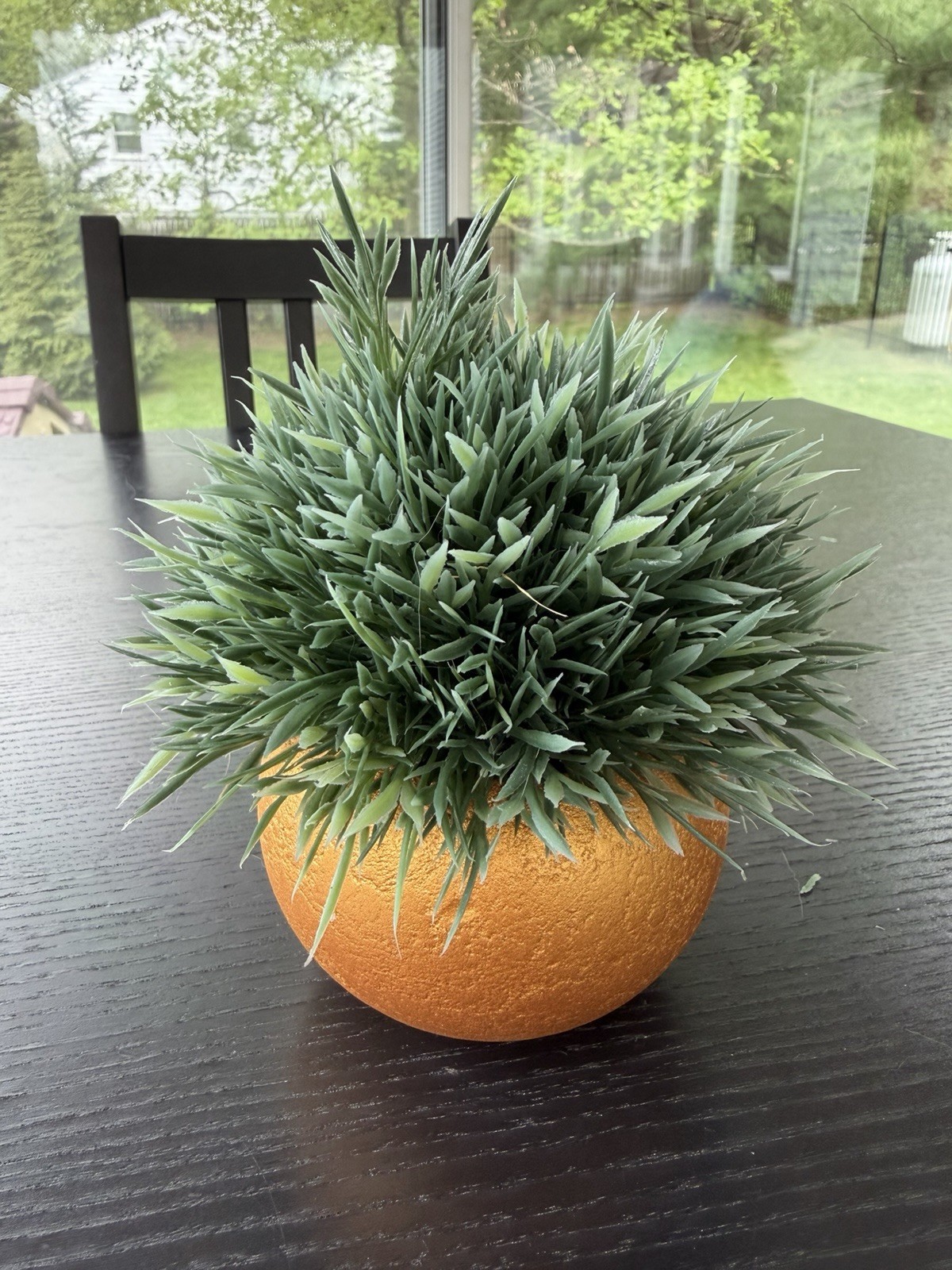 Artificial Green Grass Ball Houseplant in Round Gold Pot, 5ish in Tall