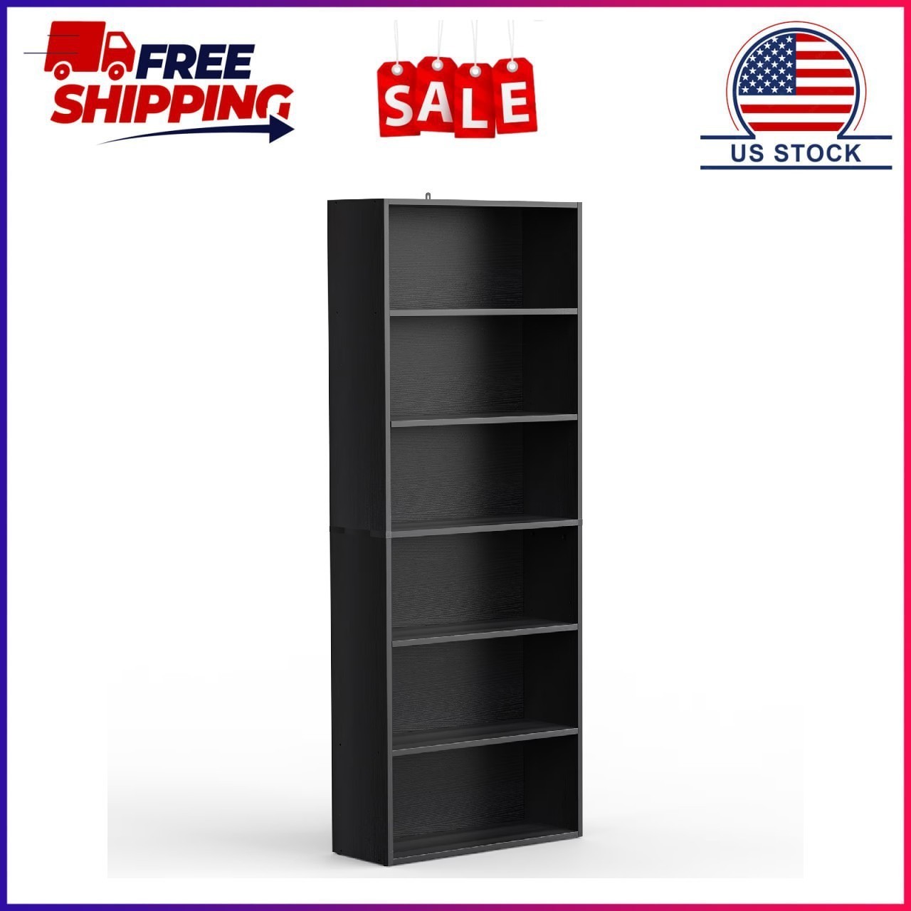 GIANNA 6-Shelf Bookcase, Floor Standing Storage Shelves, Black