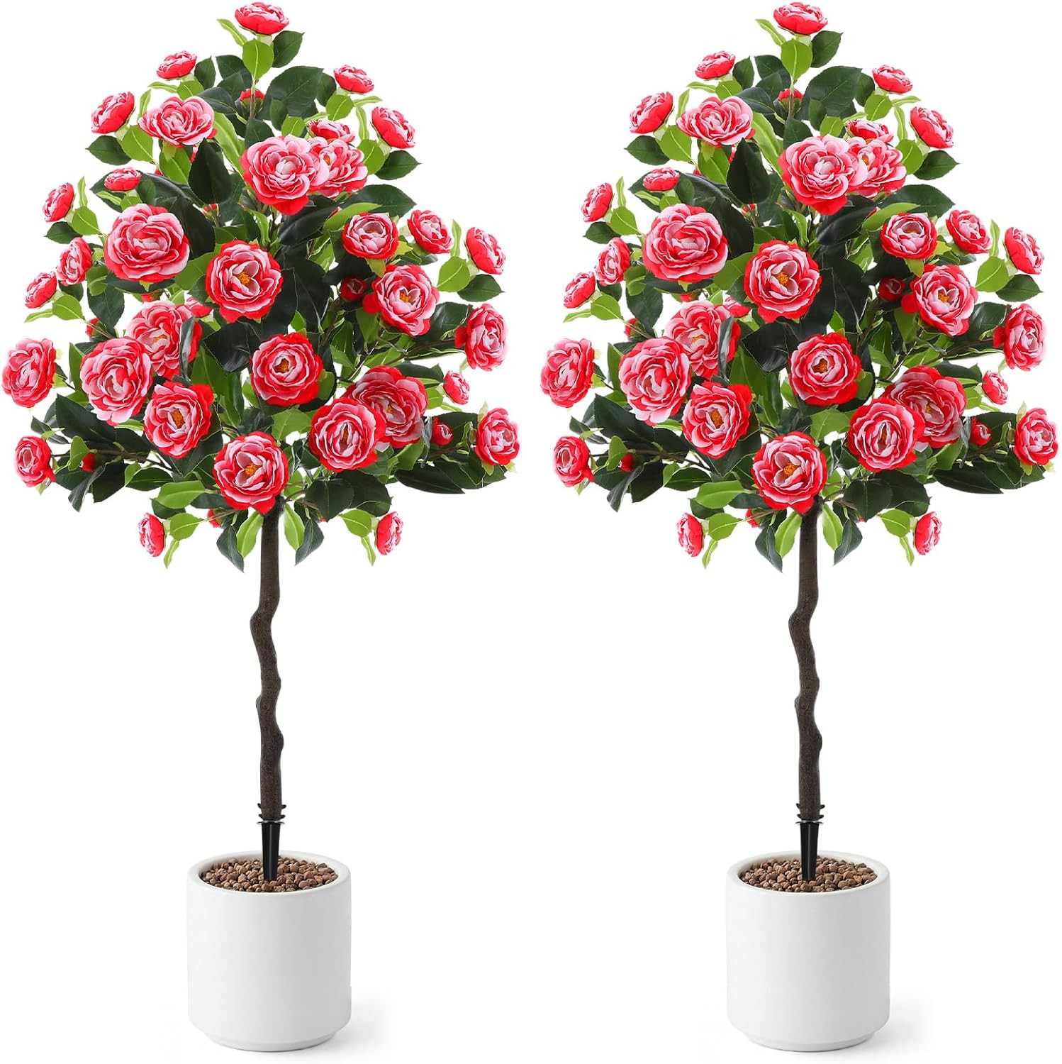 2 Pack 4Ft UV Resistant Faux Camellia Plants for Outdoor Decor, Red & White