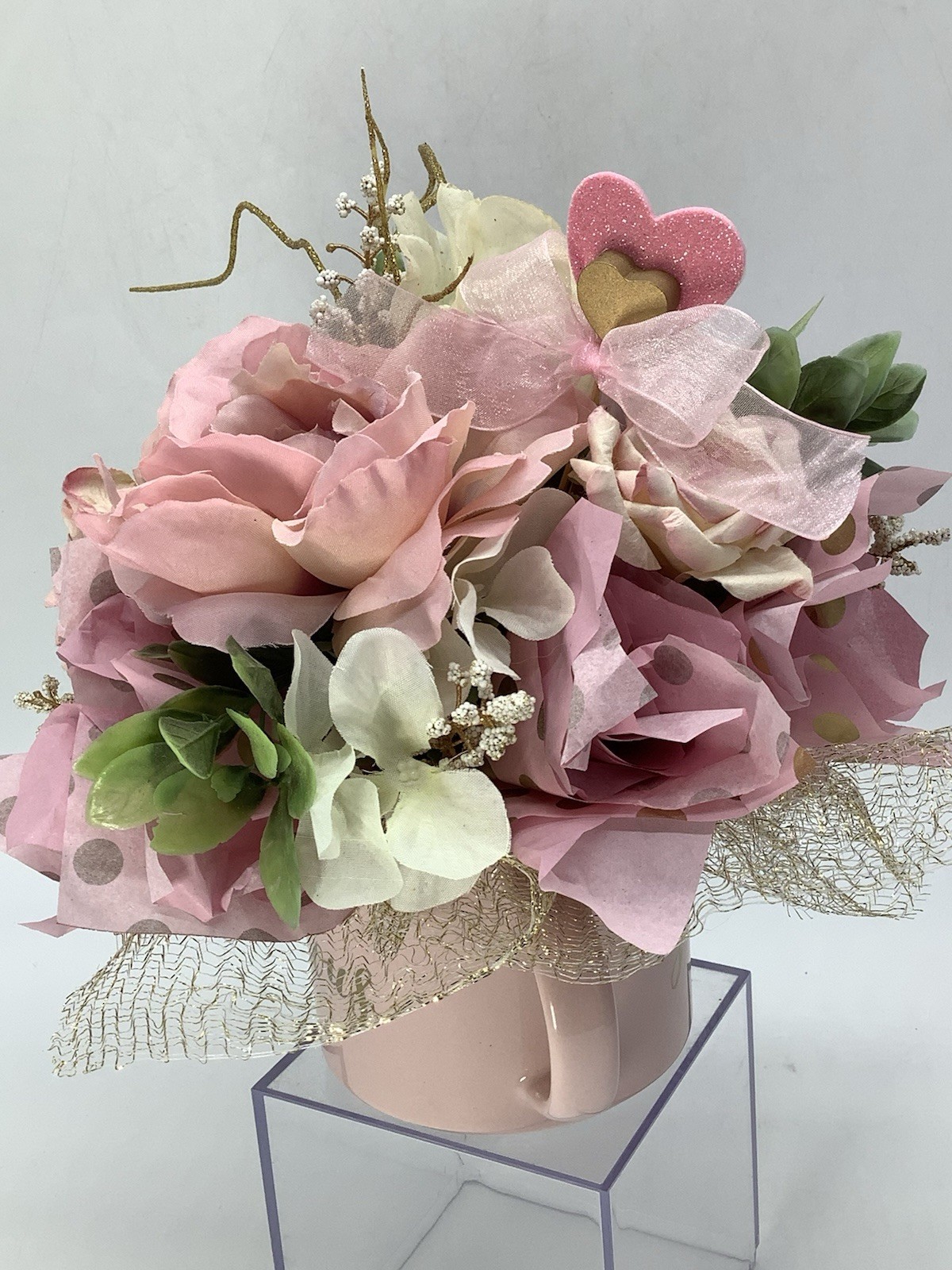 Handmade Valentines Day “Hello Gorgeous” Coffee Mug Pink Gold Floral Arrangement