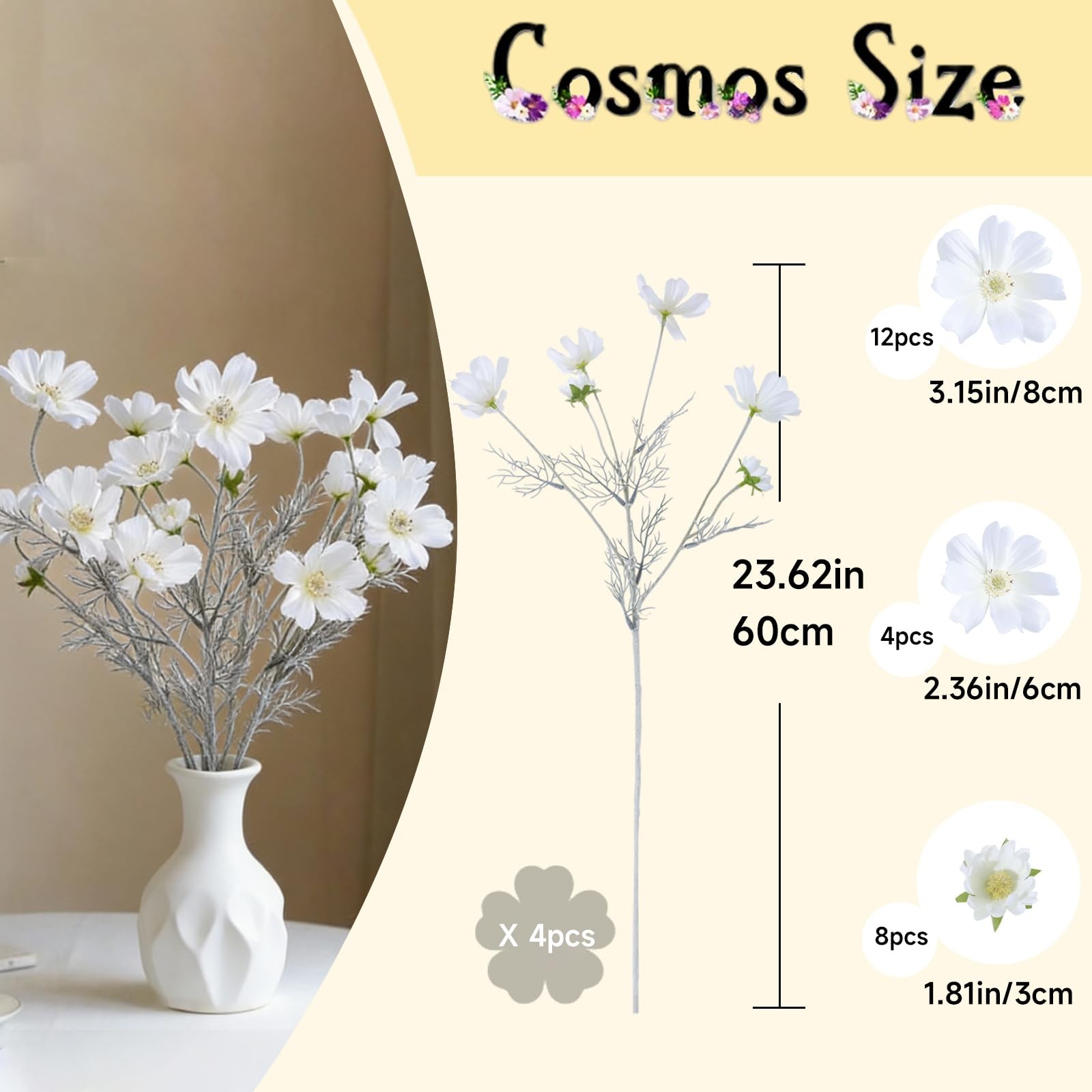 4 Pcs White 24″ Tall Artificial Cosmos Flowers for Vases, Fake Silk Daisy Flo…