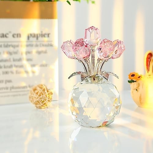 Crystal Rose Bouquet Flower Figurine – Pink Rose Gifts for Women, Collectible…