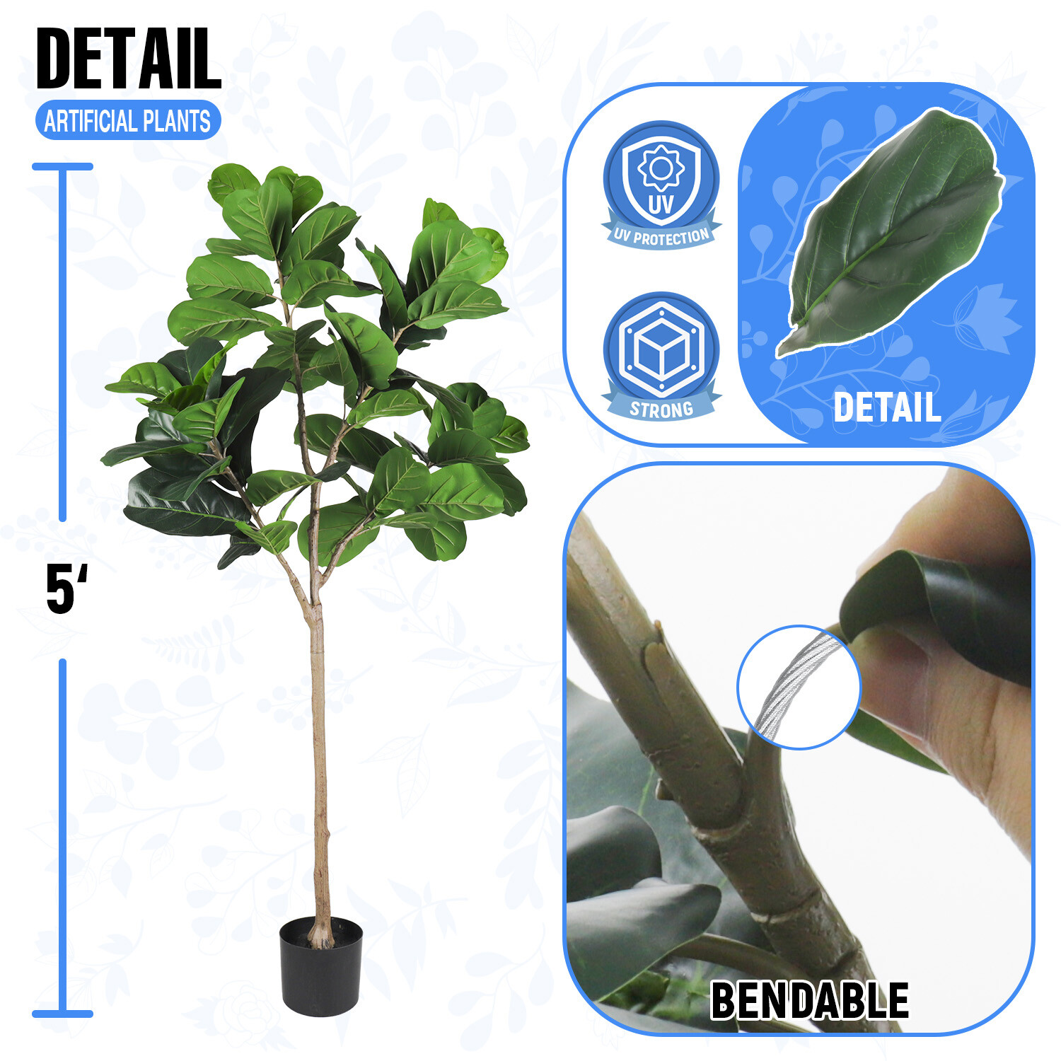 Artificial Fiddle Leaf Fig Tree with Plastic Pot For Indoor Outdoor Festival