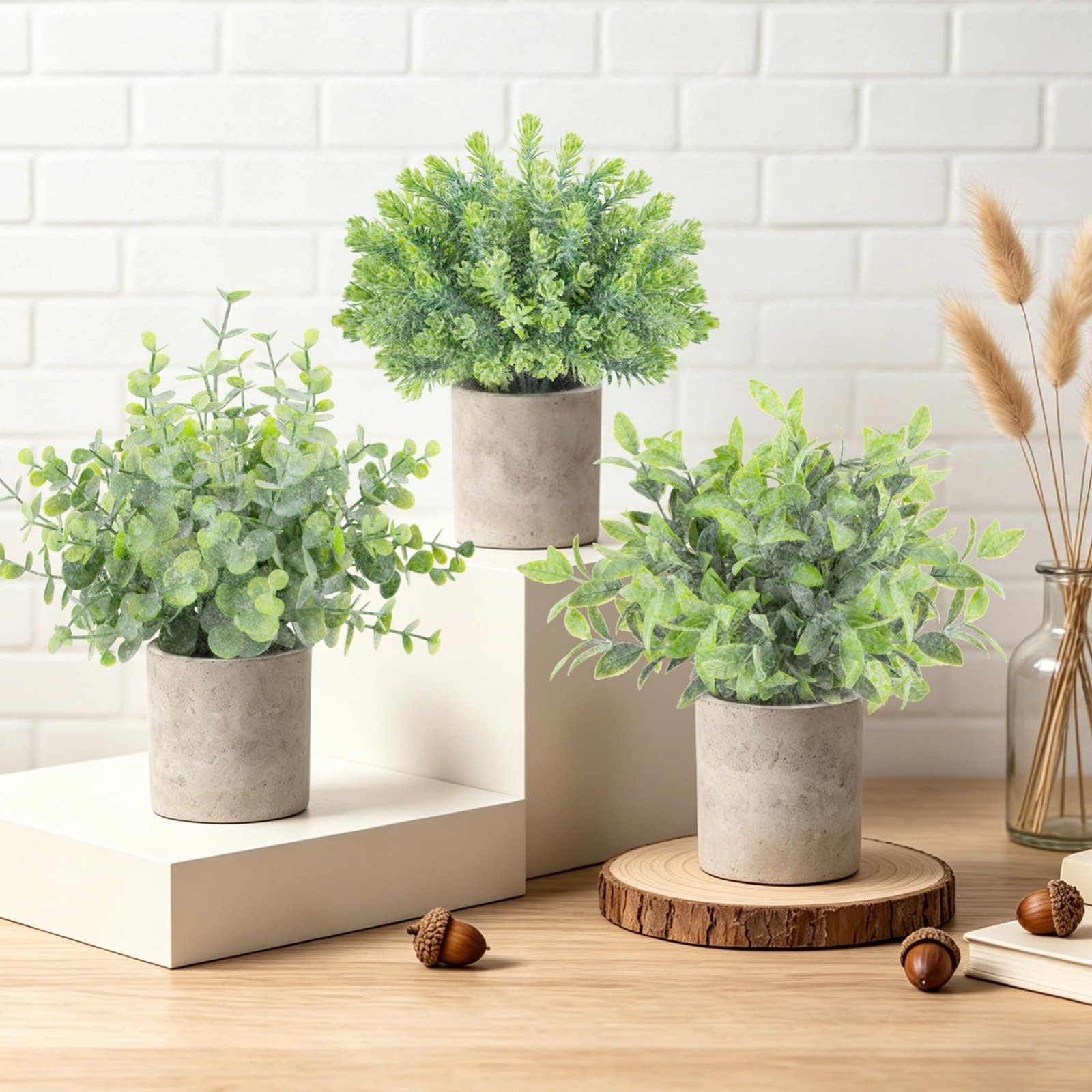 3 Pack Mini Potted Fake Plants – Artificial Eucalyptus & Rosemary Greenery for H