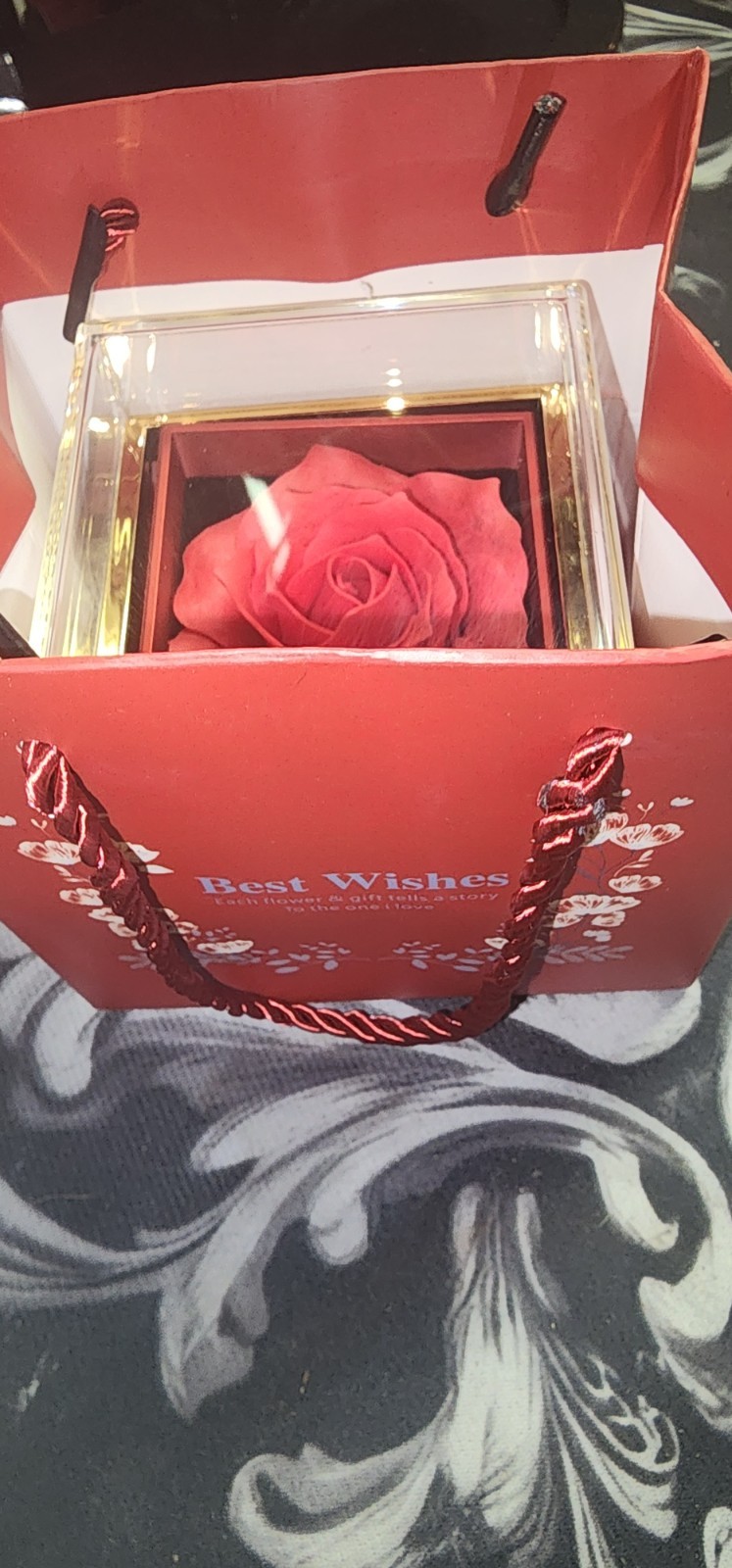 Artificial Red Rose in Clear Display Box w/ Best Wishes Gift Bag & Card