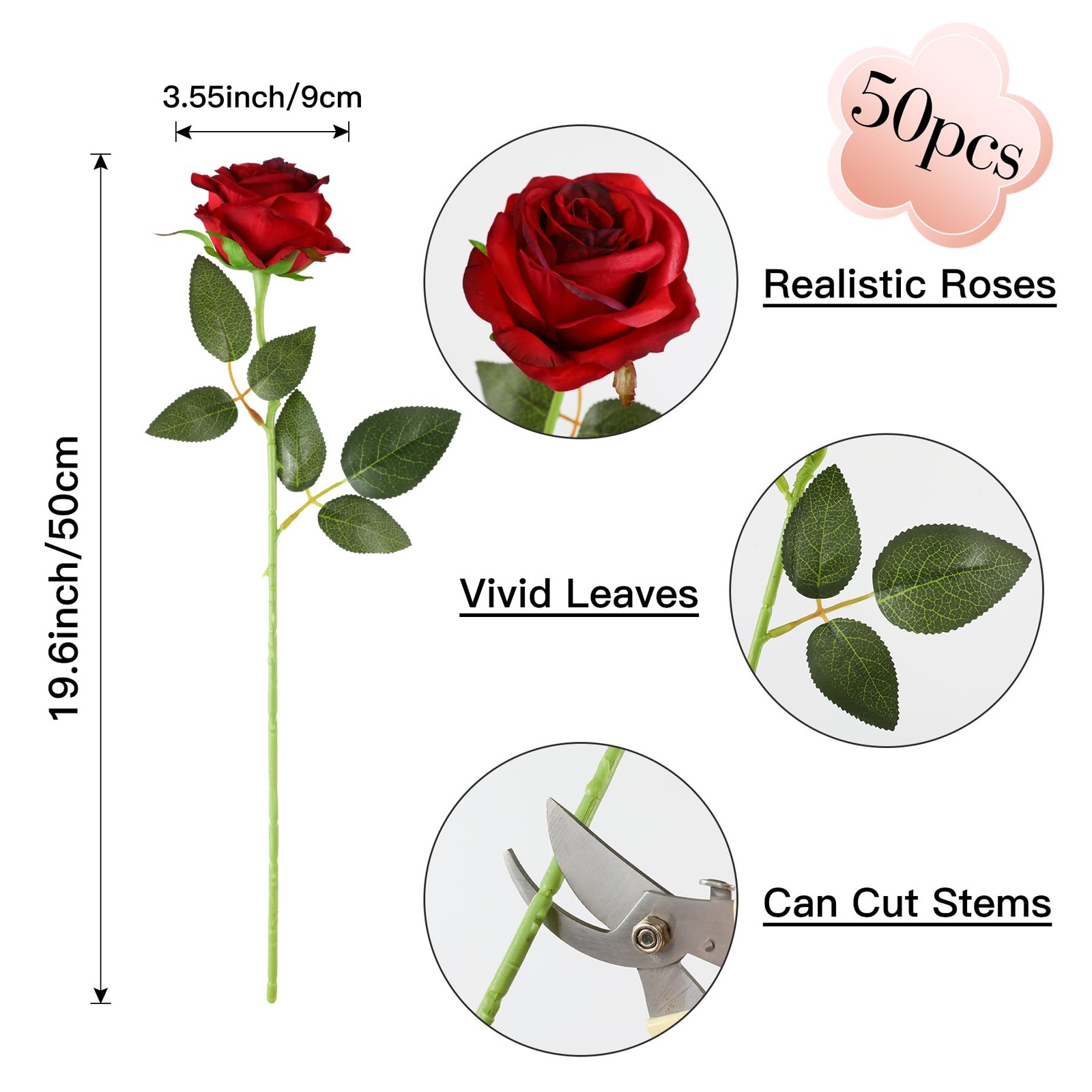 50pcs Artificial Burgundy Roses Bulk, Fake Red Roses Flower with Stems Realis…
