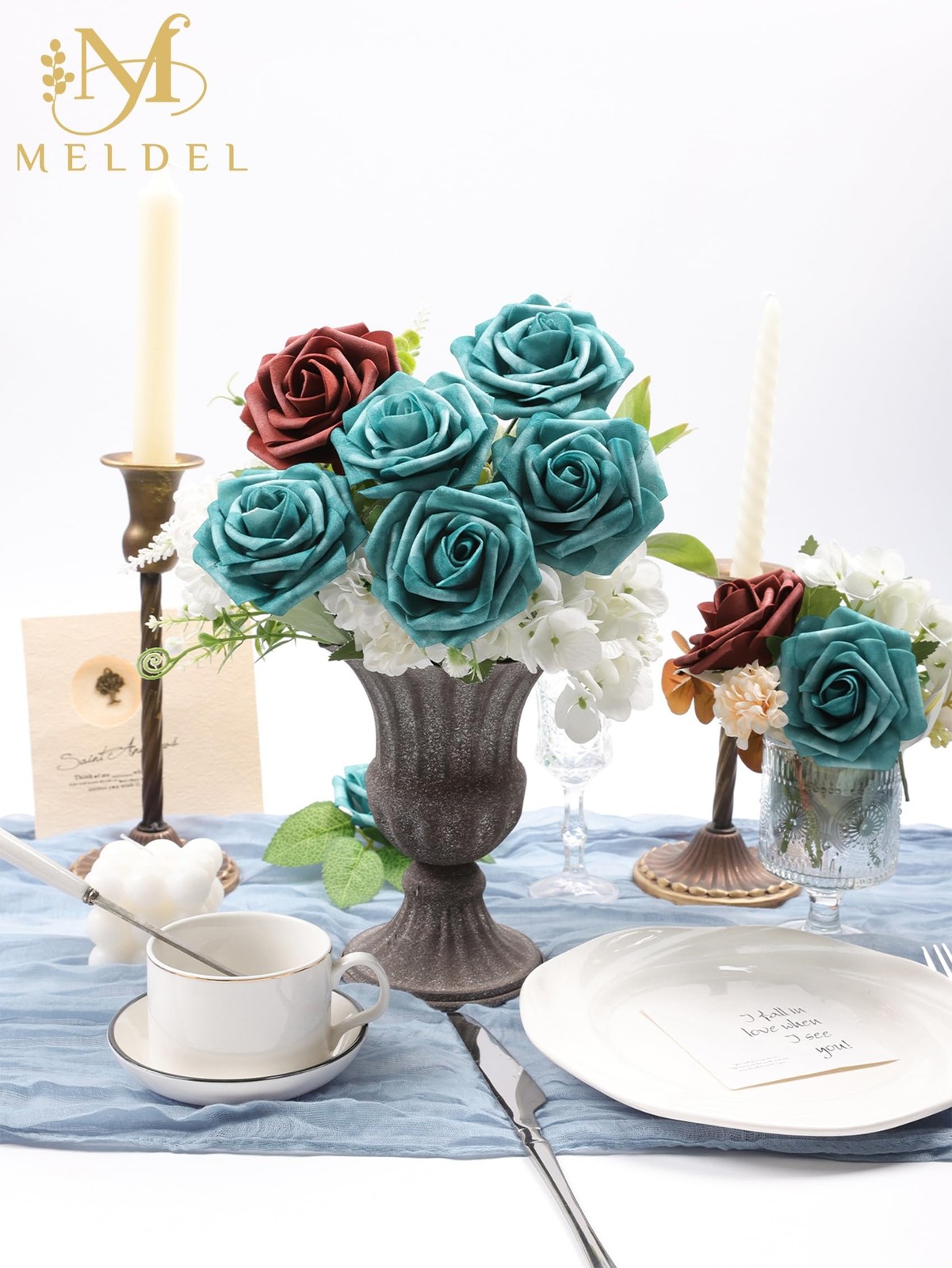 Artificial Flowers 25 Pack Dark Teal Faux Foam Roses with Stems, Real Looking…