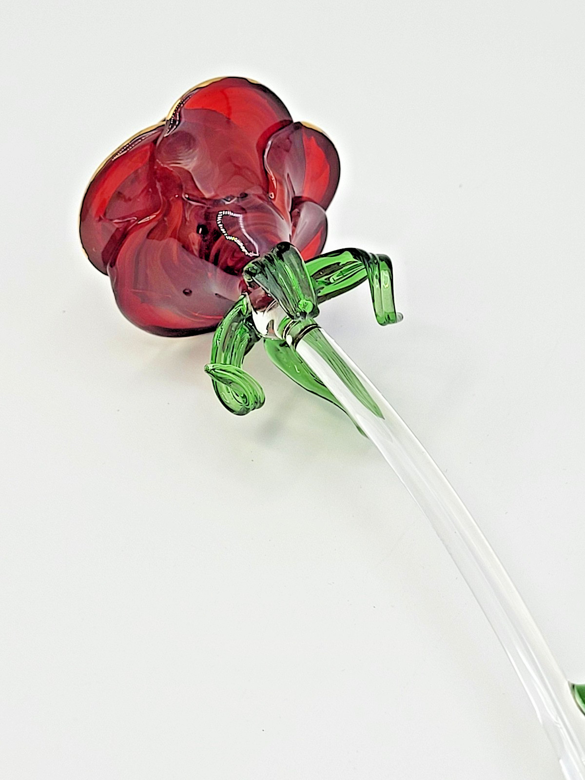 Art Glass Long 11.5″ Single Red Rose w Gold Trim Petals Clear Stem Green Thorns