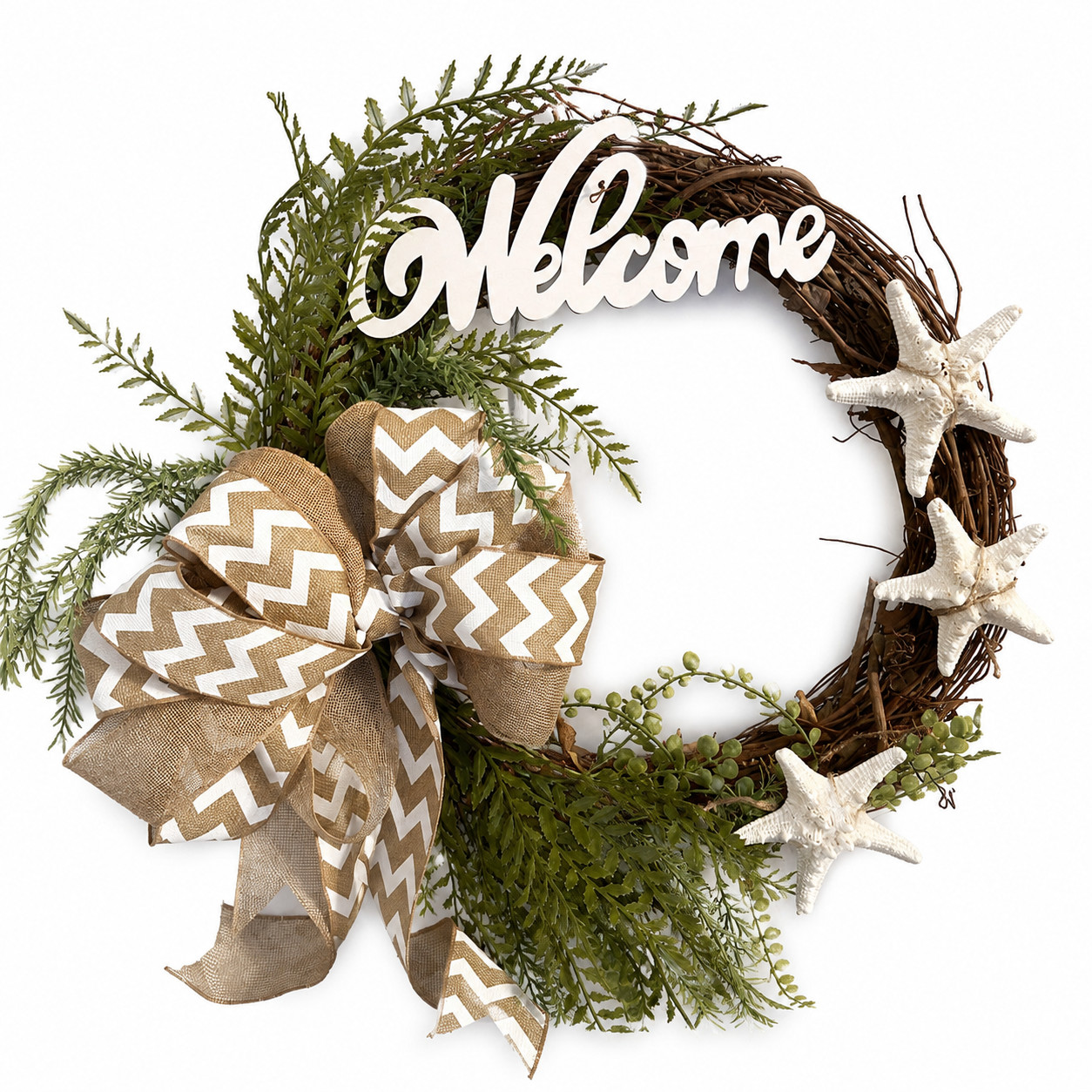 Coastal Starfish Welcome Wreath – Choice of 2 Ribbon Styles- Handmade Front Door