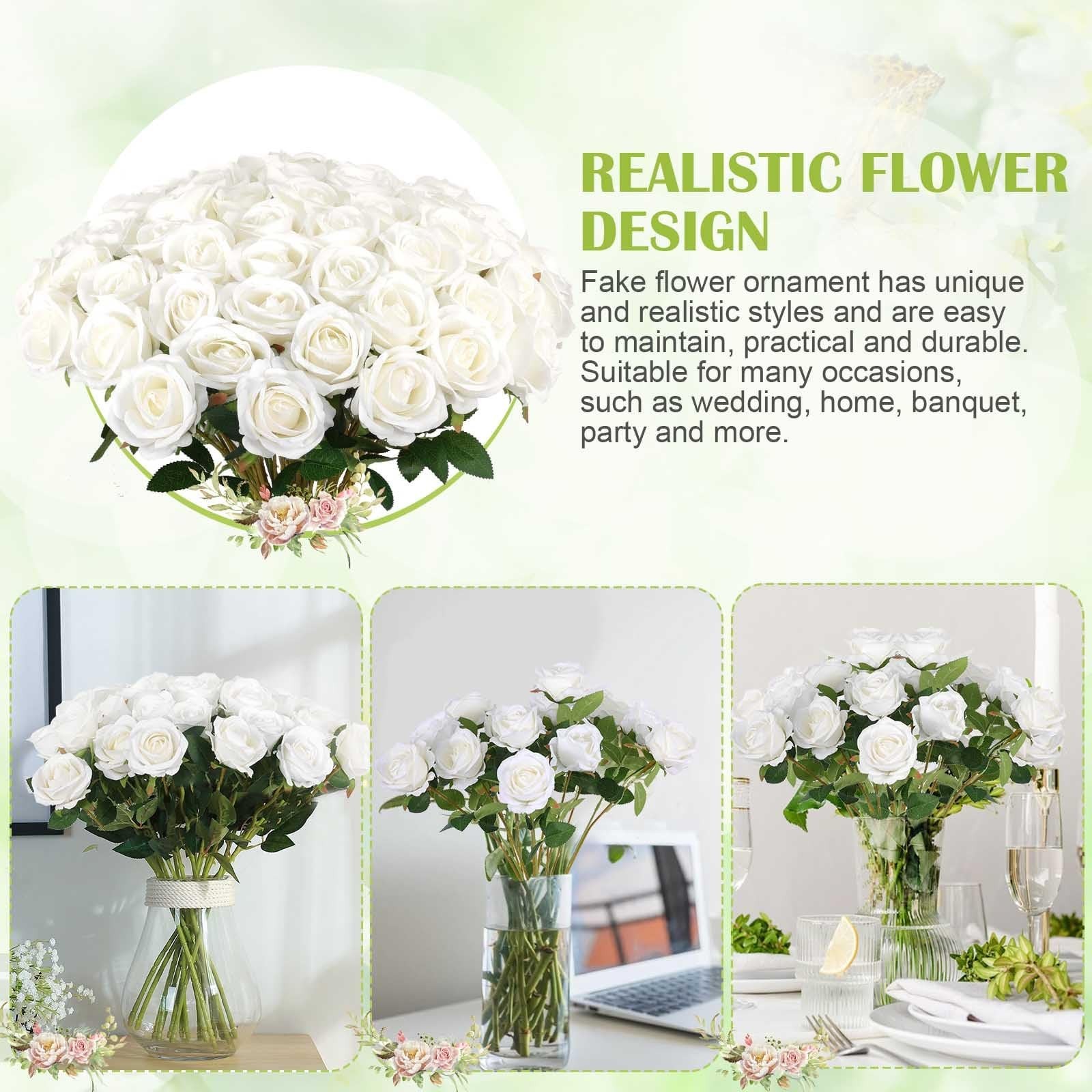 60 Pcs Velvet Silk White Artificial Roses for Wedding, Home Decor, Bouquets, Gif