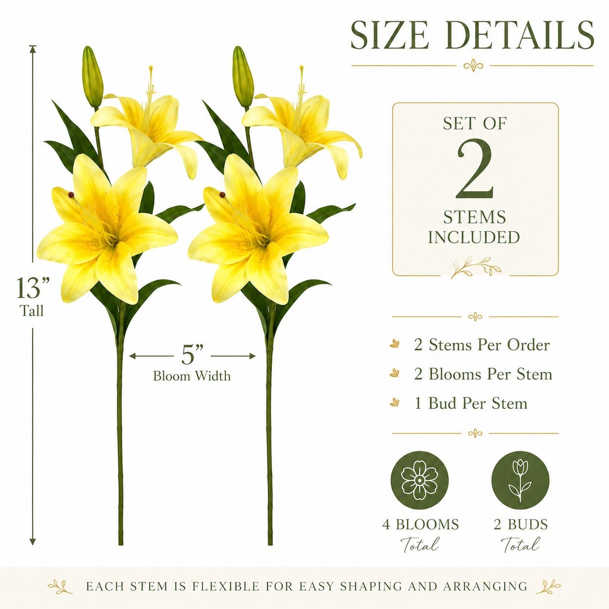 Real Touch Yellow Lily Stems Set of 2, Artificial Lily Flowers, Faux Floral Stem