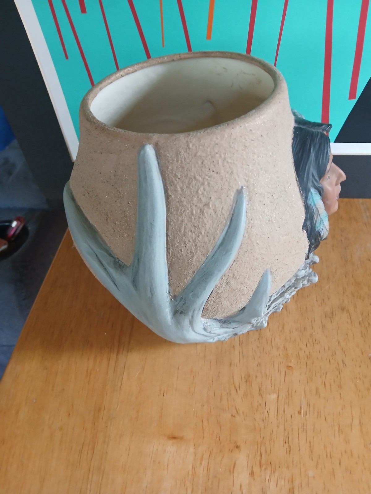 Native American Ceramic Round Planter Cachepot w/ Face & Antler Design