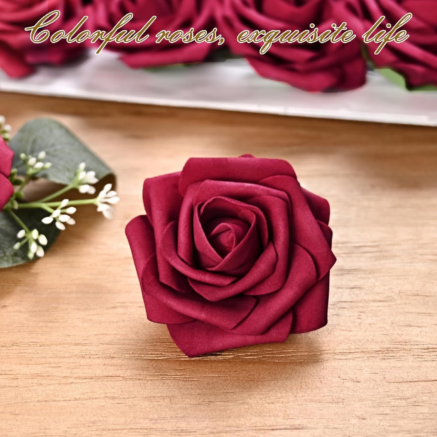 16Pcs Artificial Flowers Fake Roses with Stems, Burgundy Boxed Foam Roses for