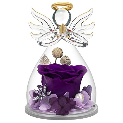 Preserved Flower Rose Gifts in Glass Angel Figurines,Birthday Gifts for Purple