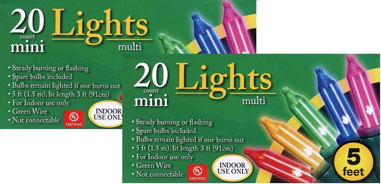 Multicolored Mini Christmas Lights 5 feet Strands 20 Count 2 Packs