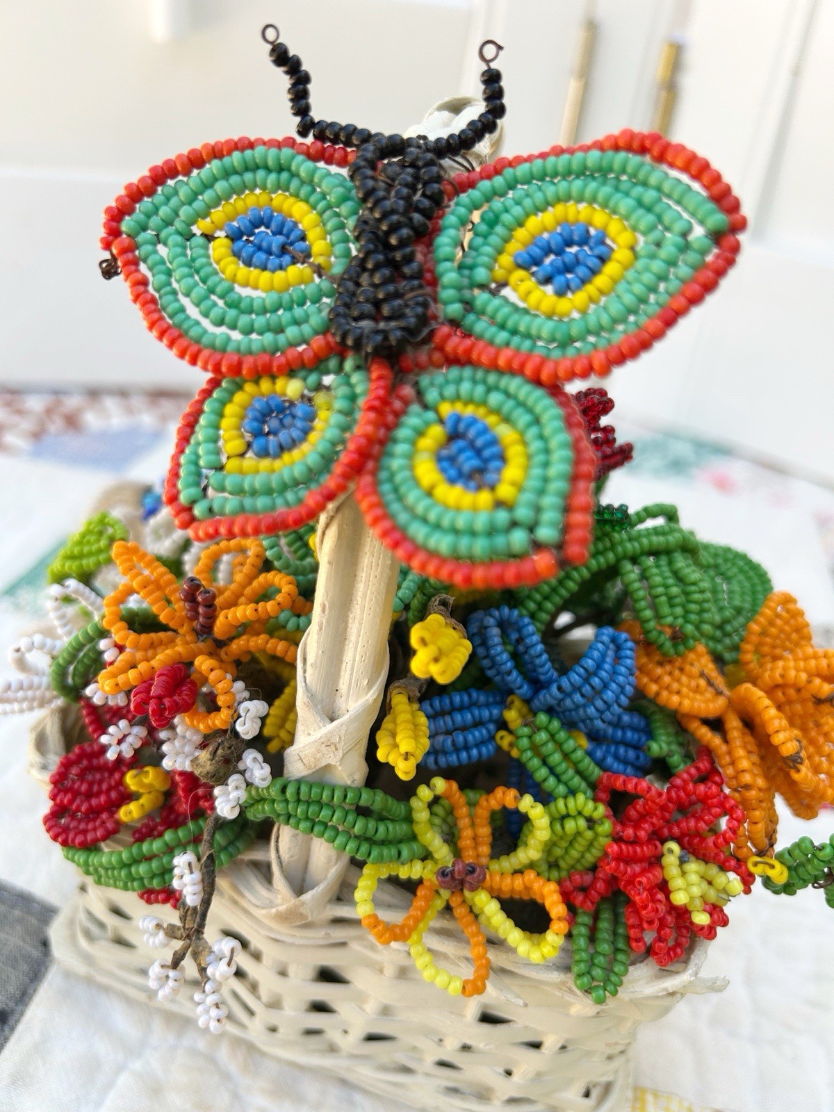 Vintage French Glass Beaded Wire Flower Bouquet Basket Colorful Arrangement