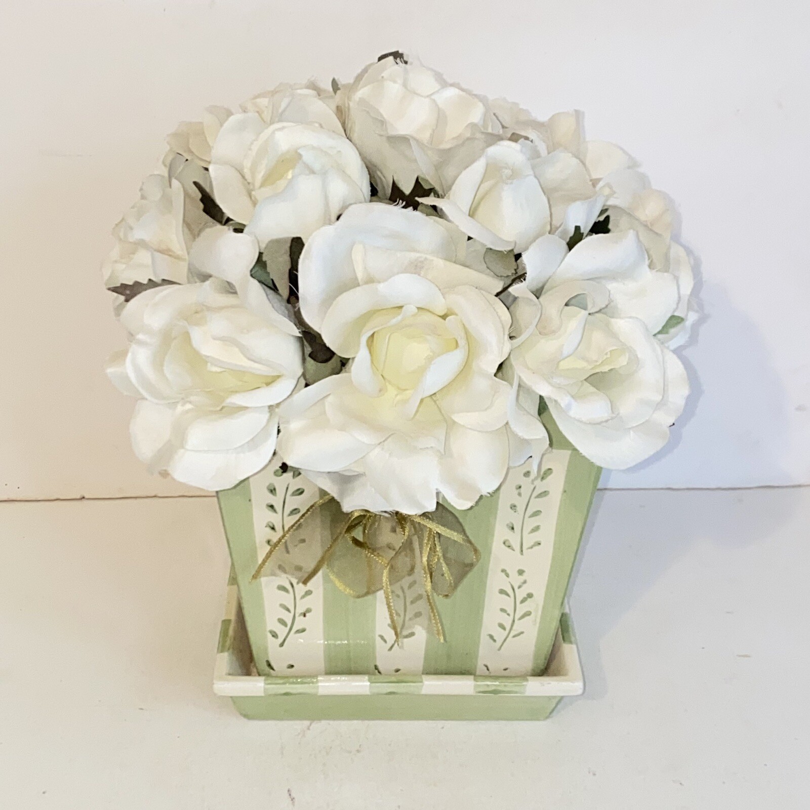 White Rose Floral Arrangement in Green & White Ceramic Holder Vase Planter