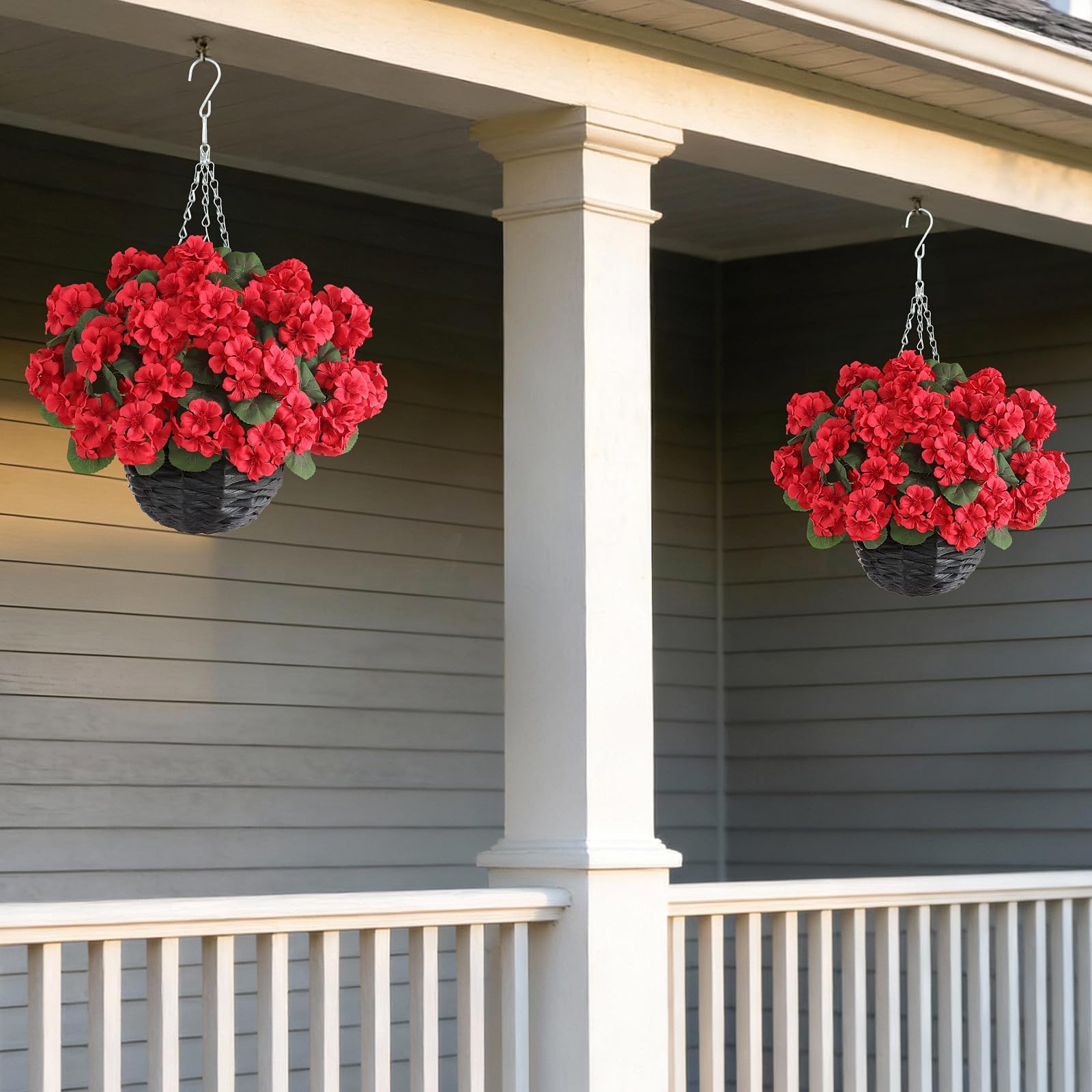2 Set Artificial Geraniums Flowers with Hanging Baskets for Outdoors – Sun Re…