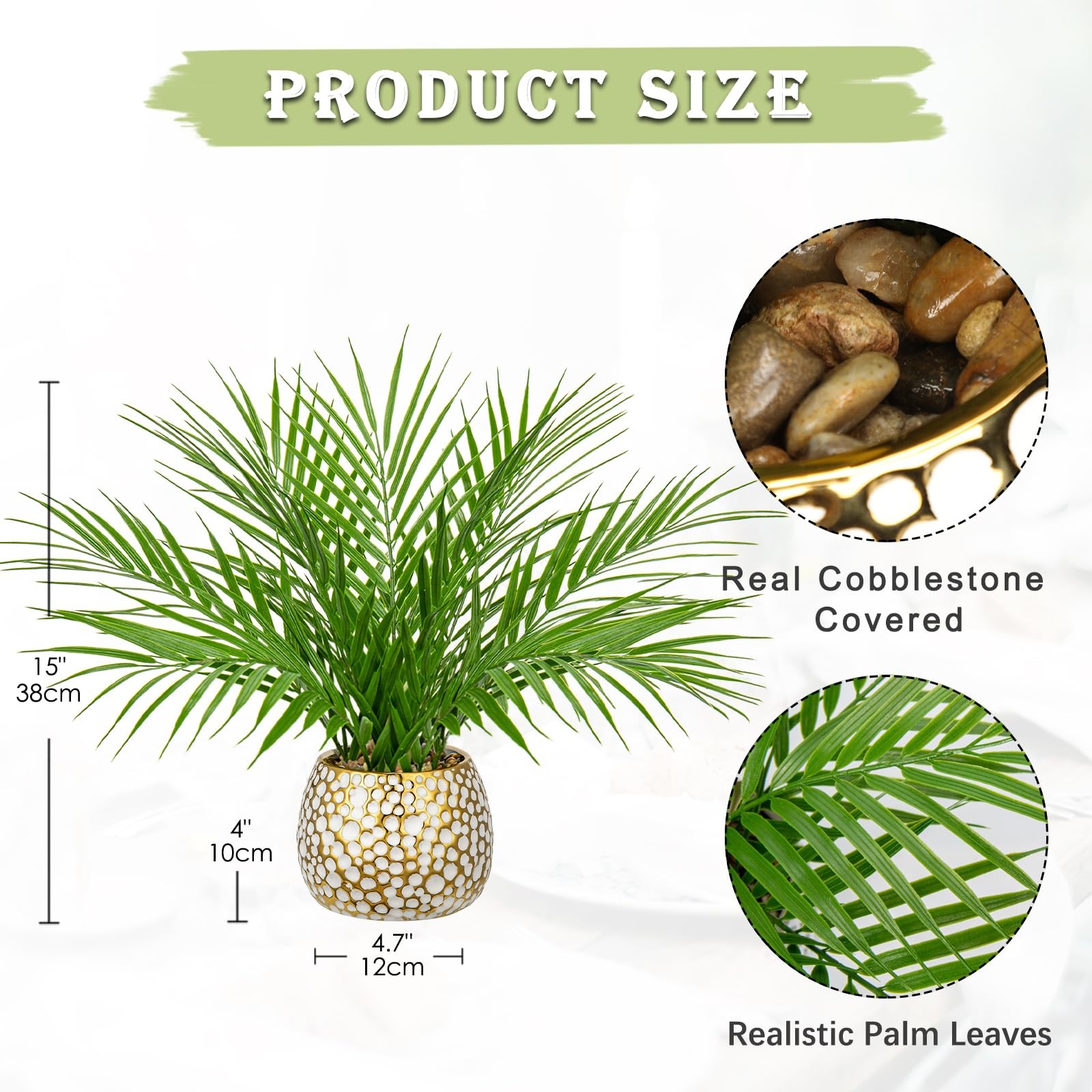Fake Plants 15” Faux Palm Plant in Gold-White Pot | Realistic Tropical Artif…