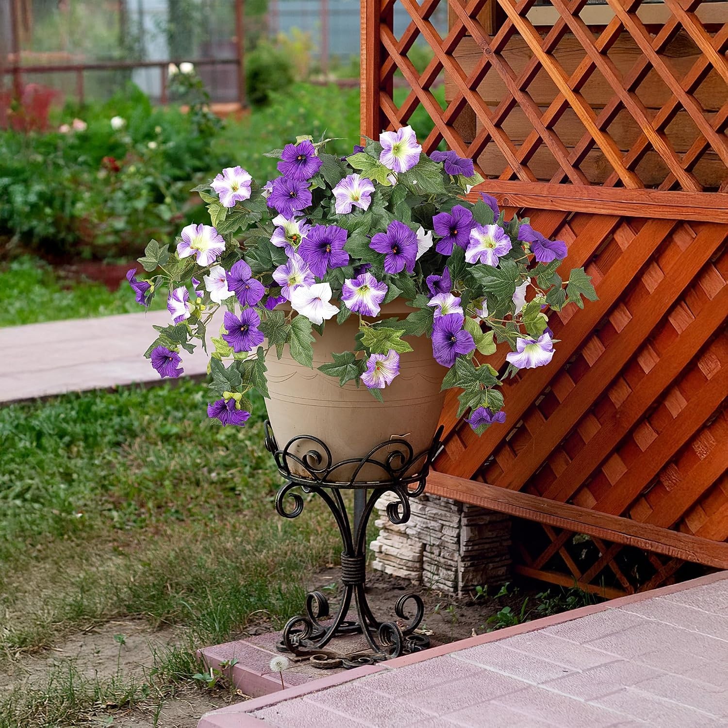 Realistic 2PCS Purple & White Fake Petunias – Maintenance-Free Floral Accents