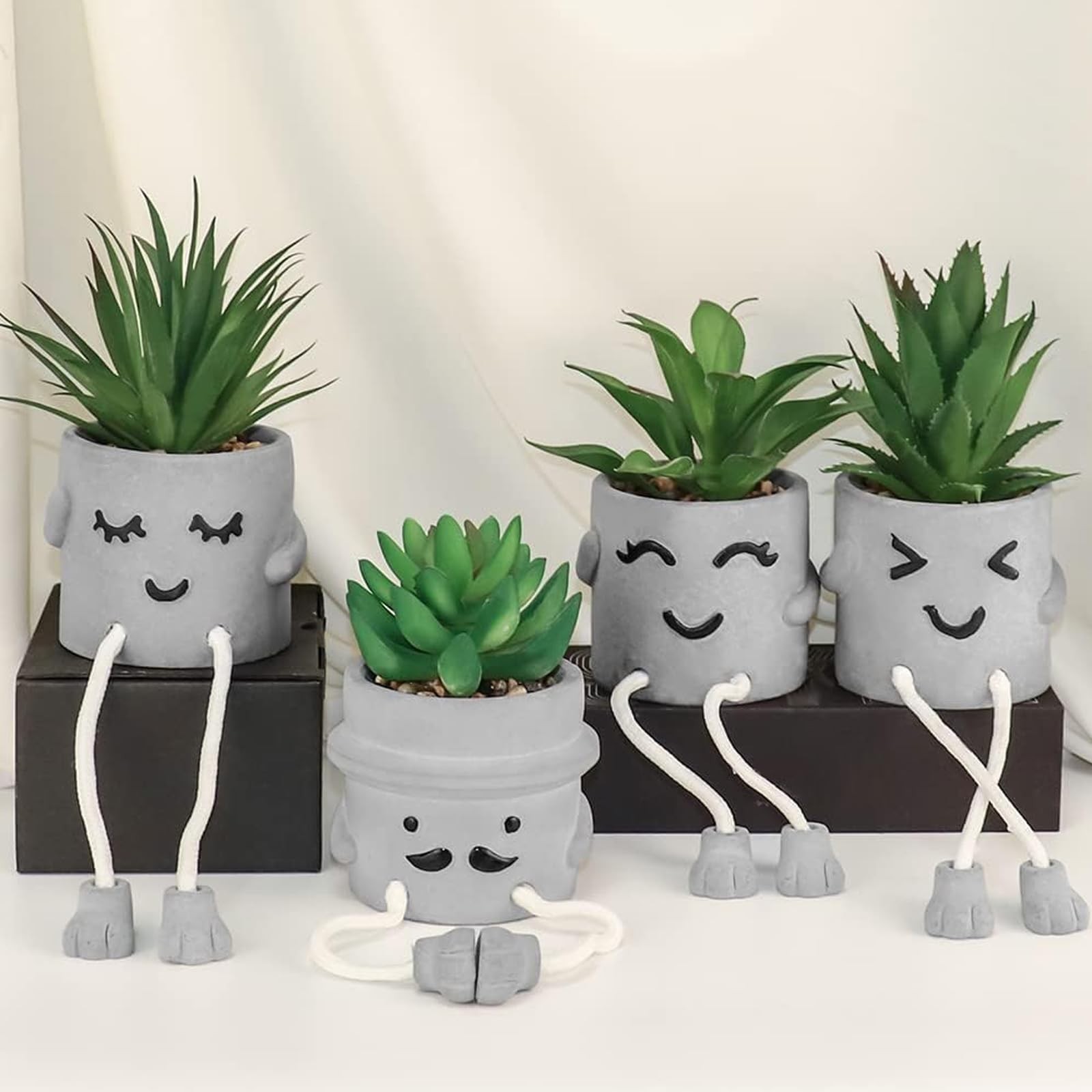4 PCS Creative Artificial Succulent Plants Cement Pot Hanging Leg Decor Set