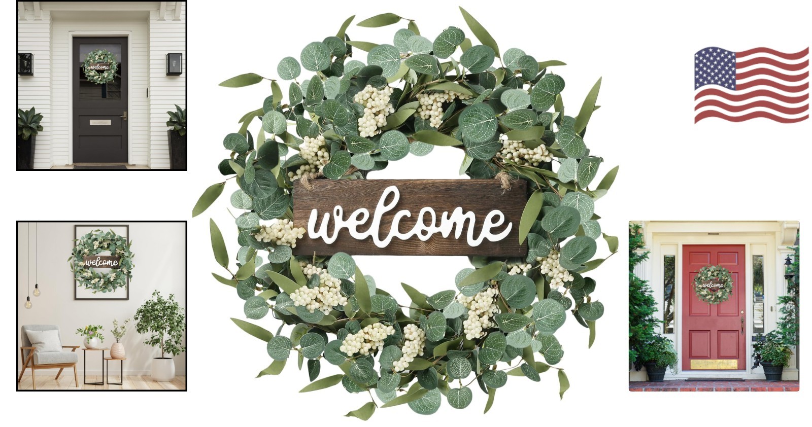 Artificial Green Eucalyptus Wreath with 3D Wood Alphabet – 20in All-Season Decor