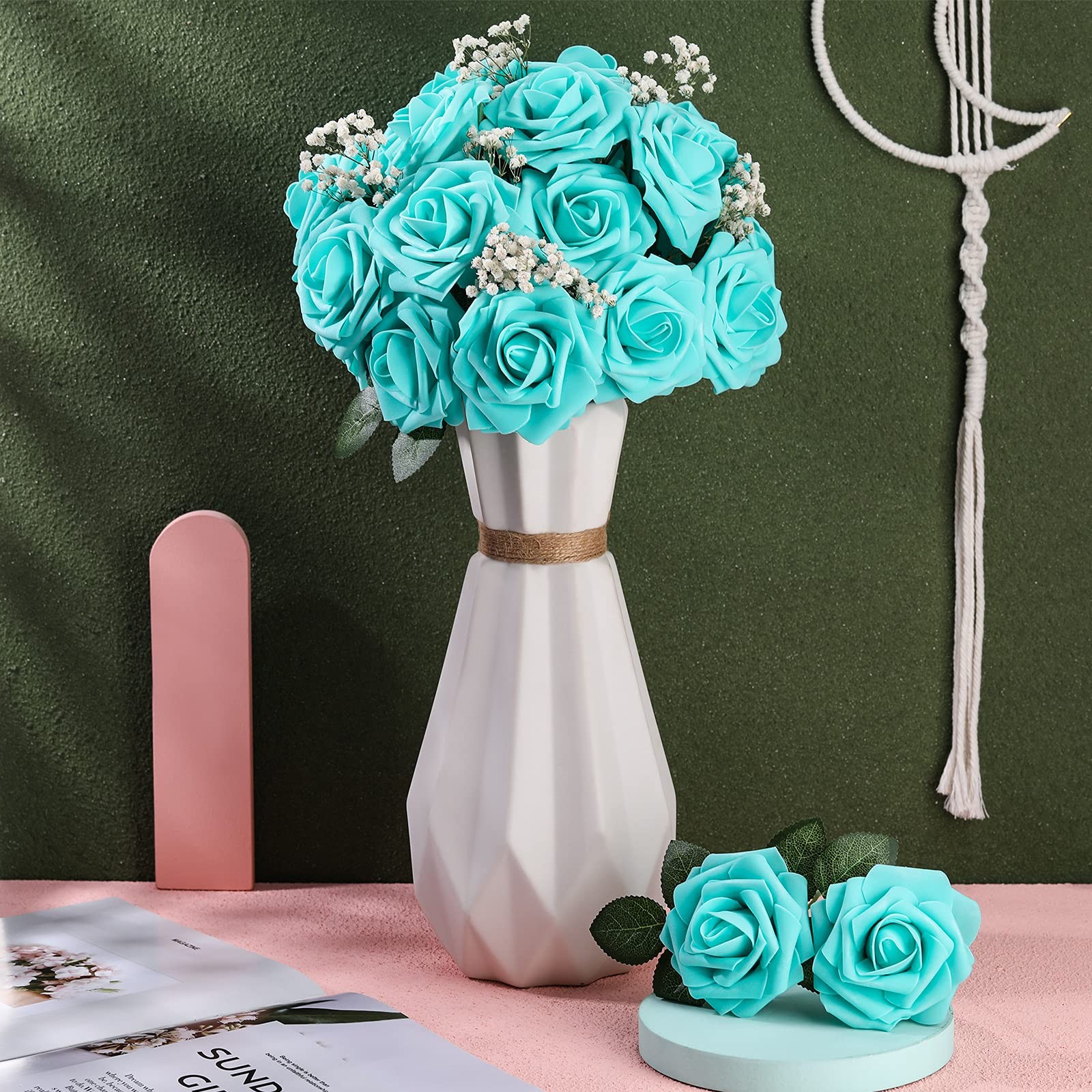 Artificial Foam Rose Flowers Vintage Fake Roses DIY Bouquets with Leaves and …