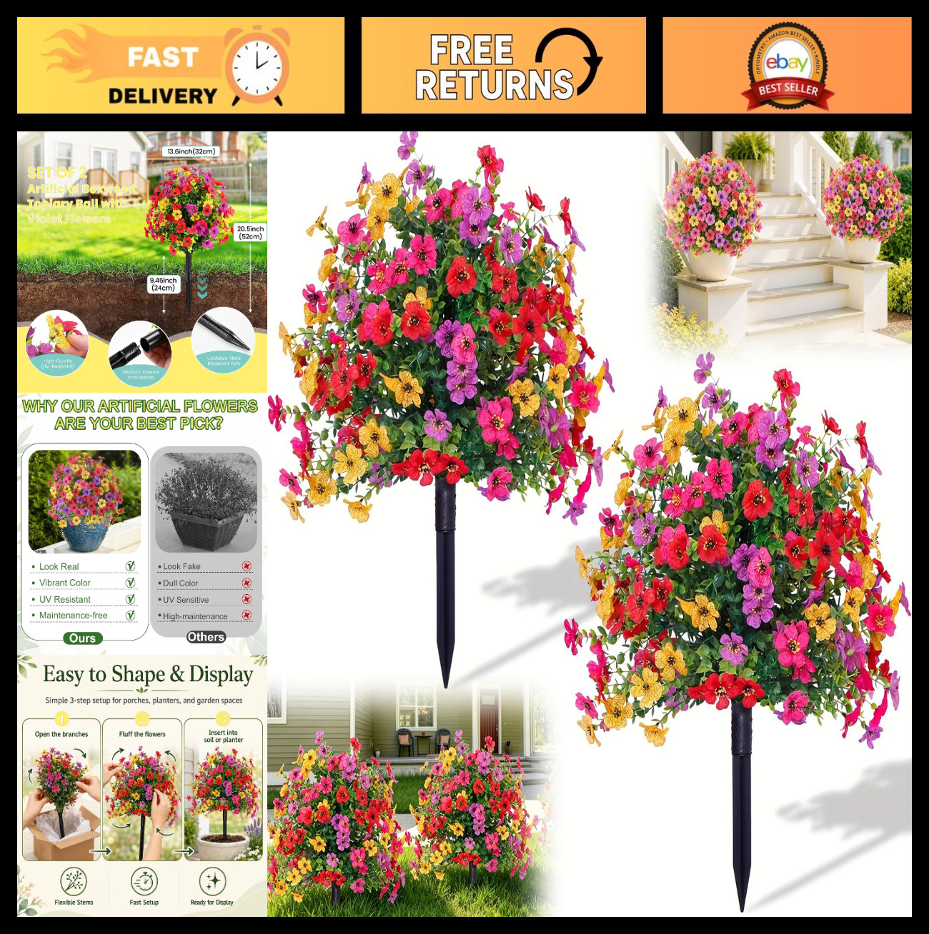 2PCS 20″ UV Resistant Artificial Topiary Balls – Faux Flowers for Indoor/Outdoor