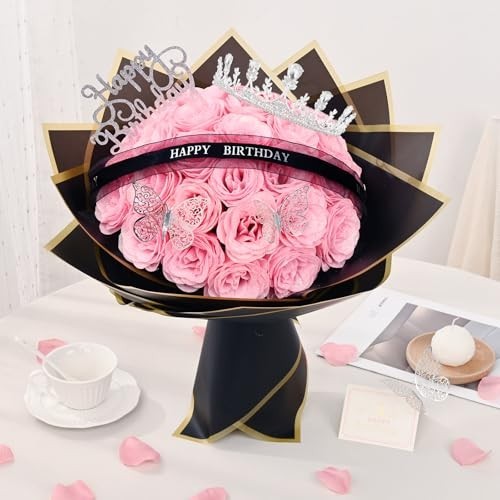 DIY Glitter Rose Bouquet 36 Pink Fake Flowers Wrapping Paper Ribbon Birthday