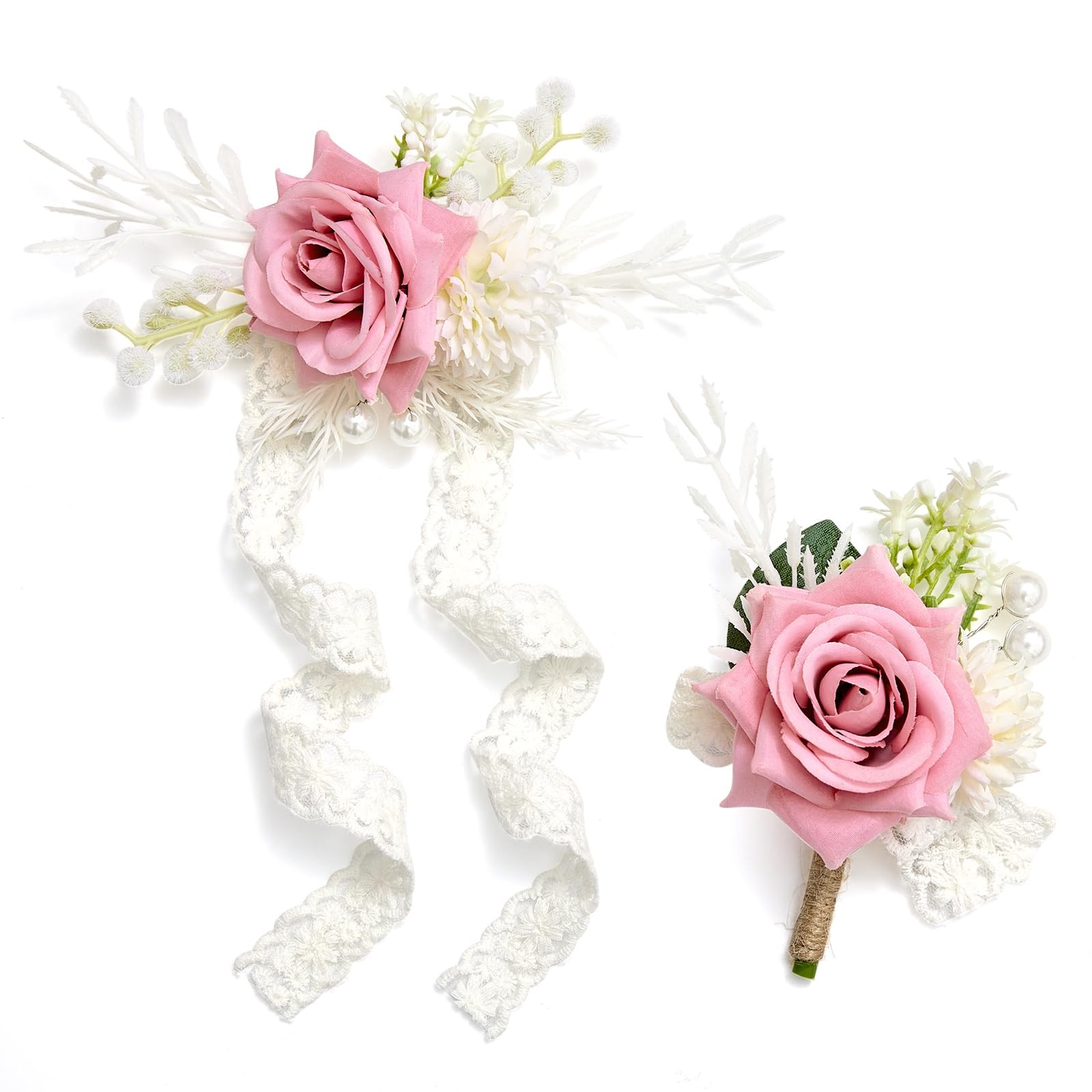 Pink Corsage Boutonniere Set Wristlet Prom Wedding Party Suit Flower Decor