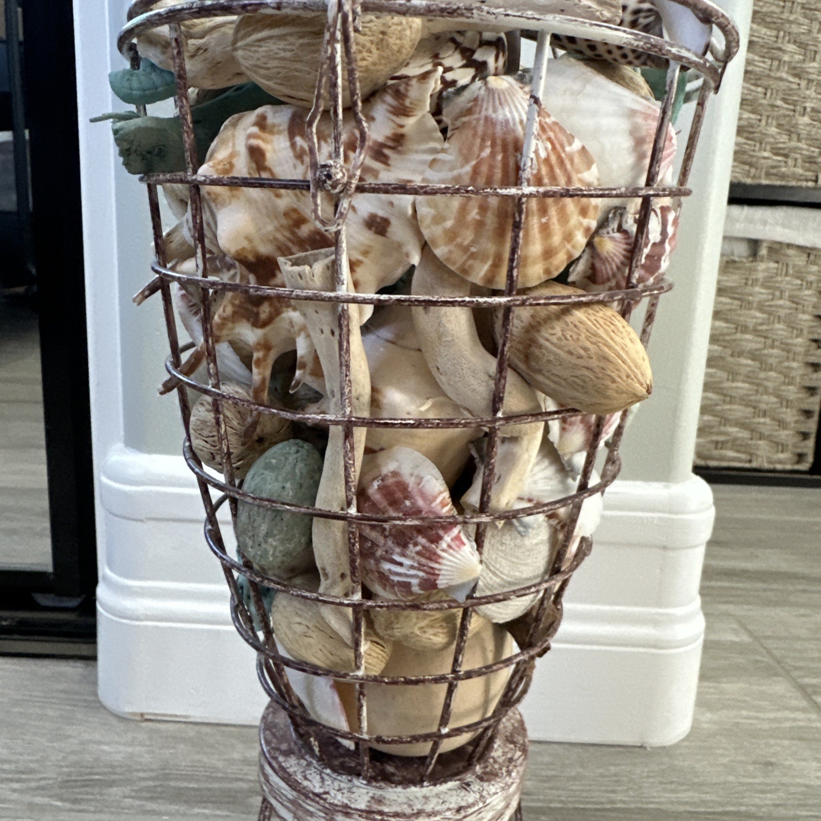 Beach Decore, Decorative Cage With Real Shells And Dried Ocean Plants Theme
