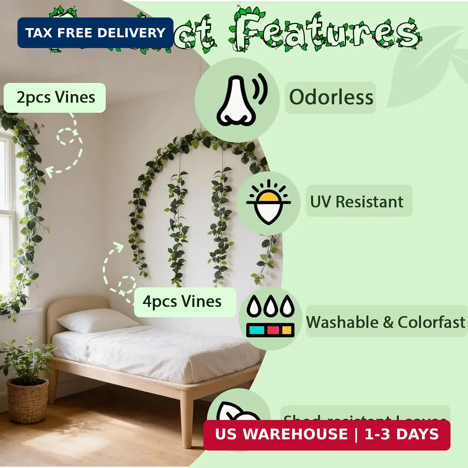 4Pack Total 24FT Green Fake Vines Ivy Leaves Vines for Bedroom Greenery Garland