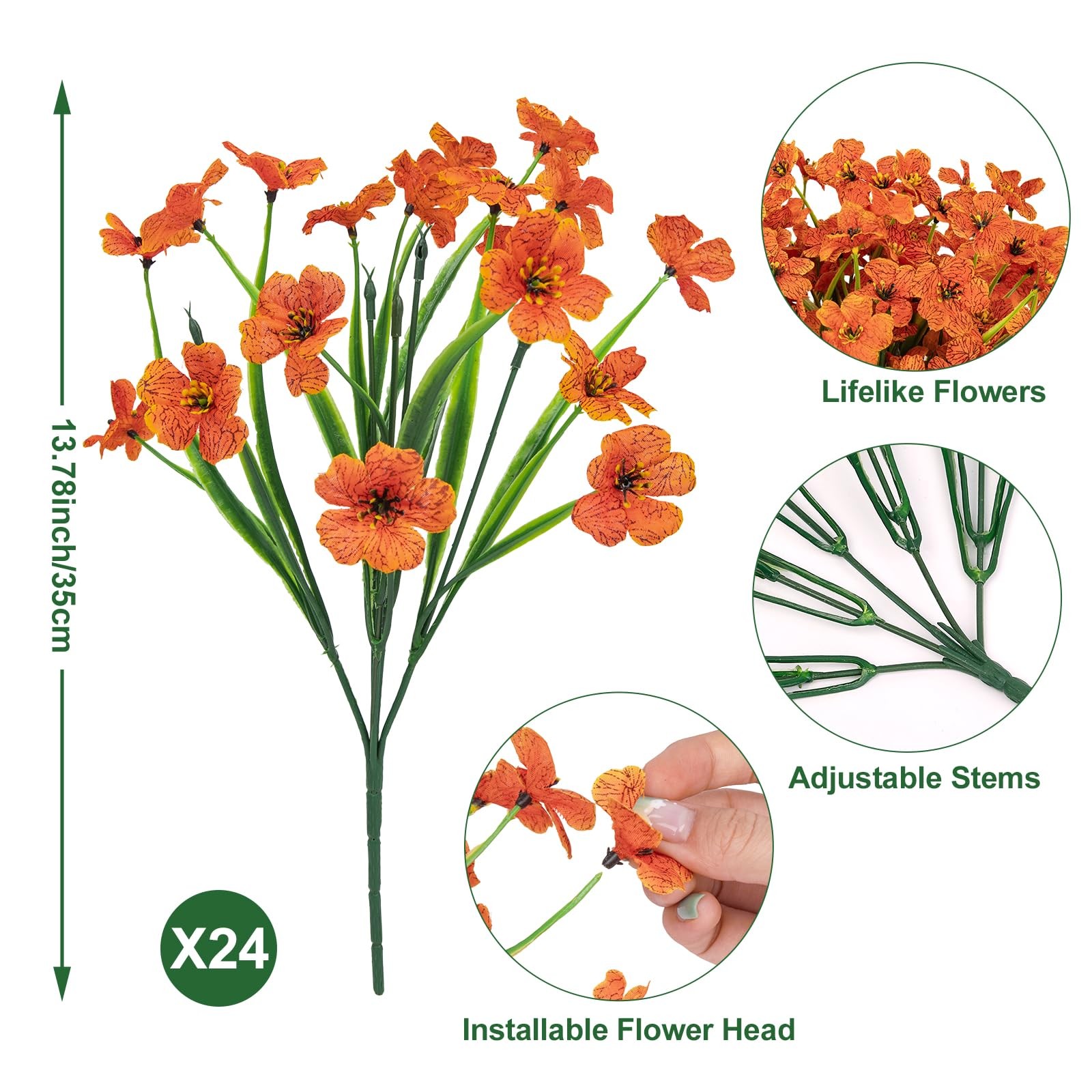 Outdoor Artificial Flowers 24 Bundles, UV Resistant Fall Mums, Faux, Orange