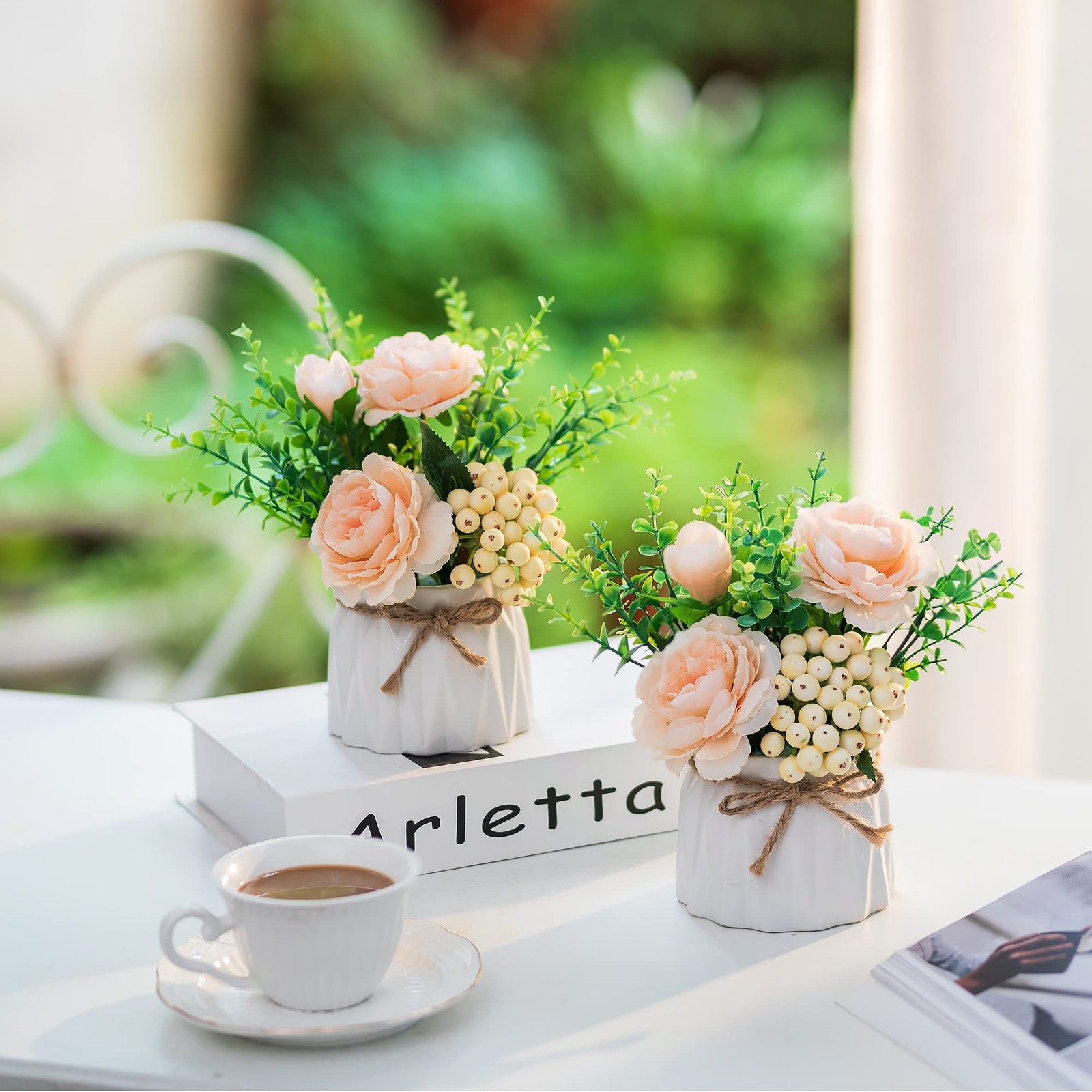 Table Decor Artificial Flowers Vase 7 Inch Small Fake Champagne Flower Arrang…