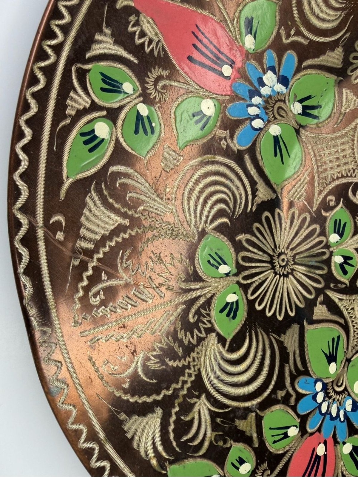 Vintage Turkish Hand Painted Copper Wall Plate 11.5″ Boho Floral Narol Decor