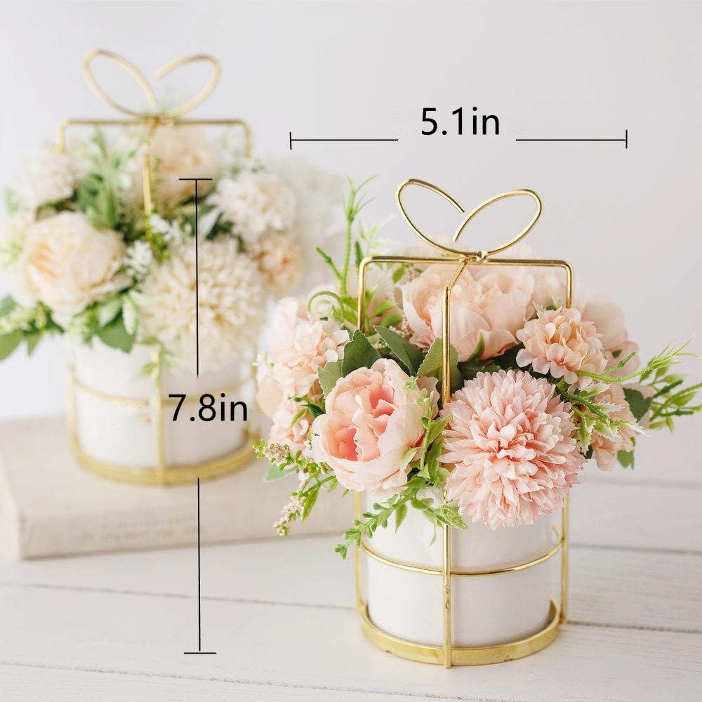 Artificial Flowers Peony Hydrangea Vase Set Wedding Centerpiece Pink 7.8in