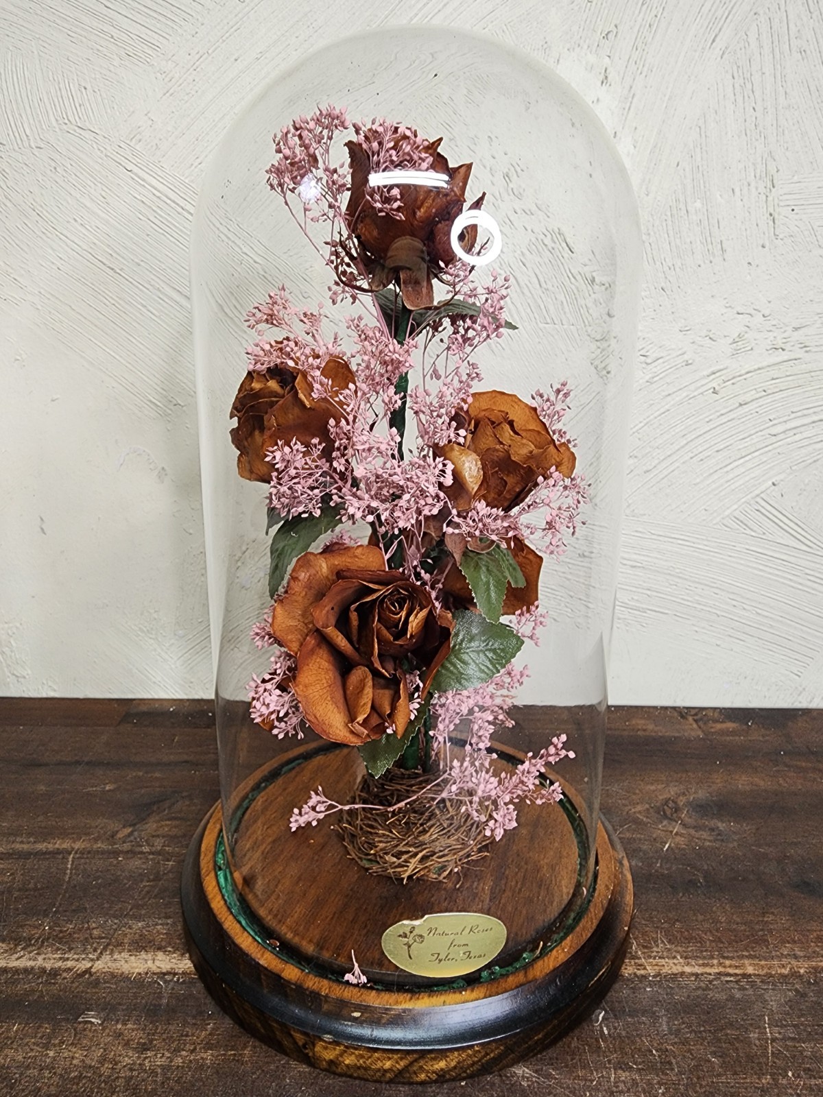 Vintage NATURAL ROSES TYLER TX Dried Flower Glass Dome Cloche Arrangement
