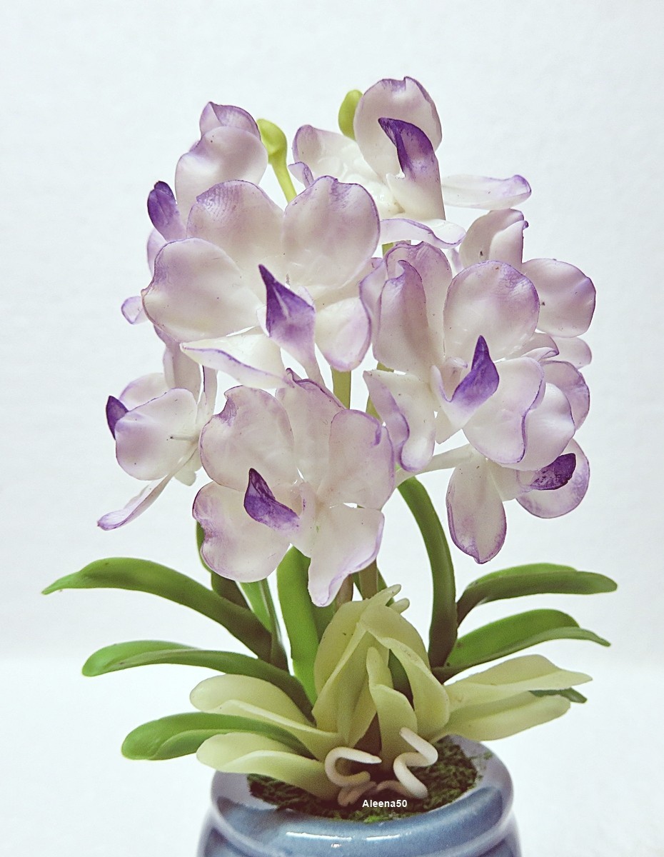 US Stock 4″H Handmade Air-Dry-Clay Artificial Mini Dendrobium Orchid Arranged