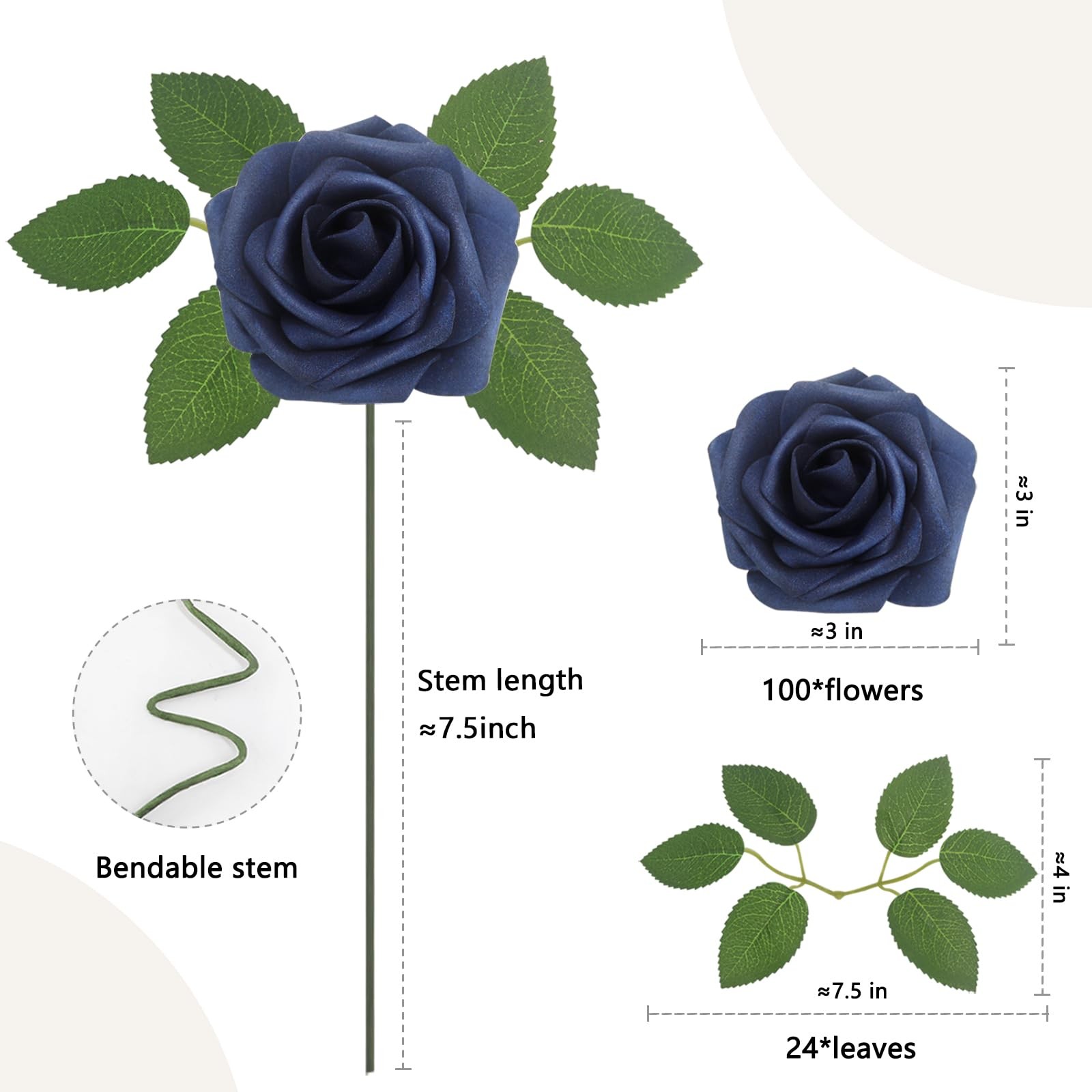 100 PCS Navy Blue Artificial Foam Roses Real Looking Fake Flower DIY Wedding