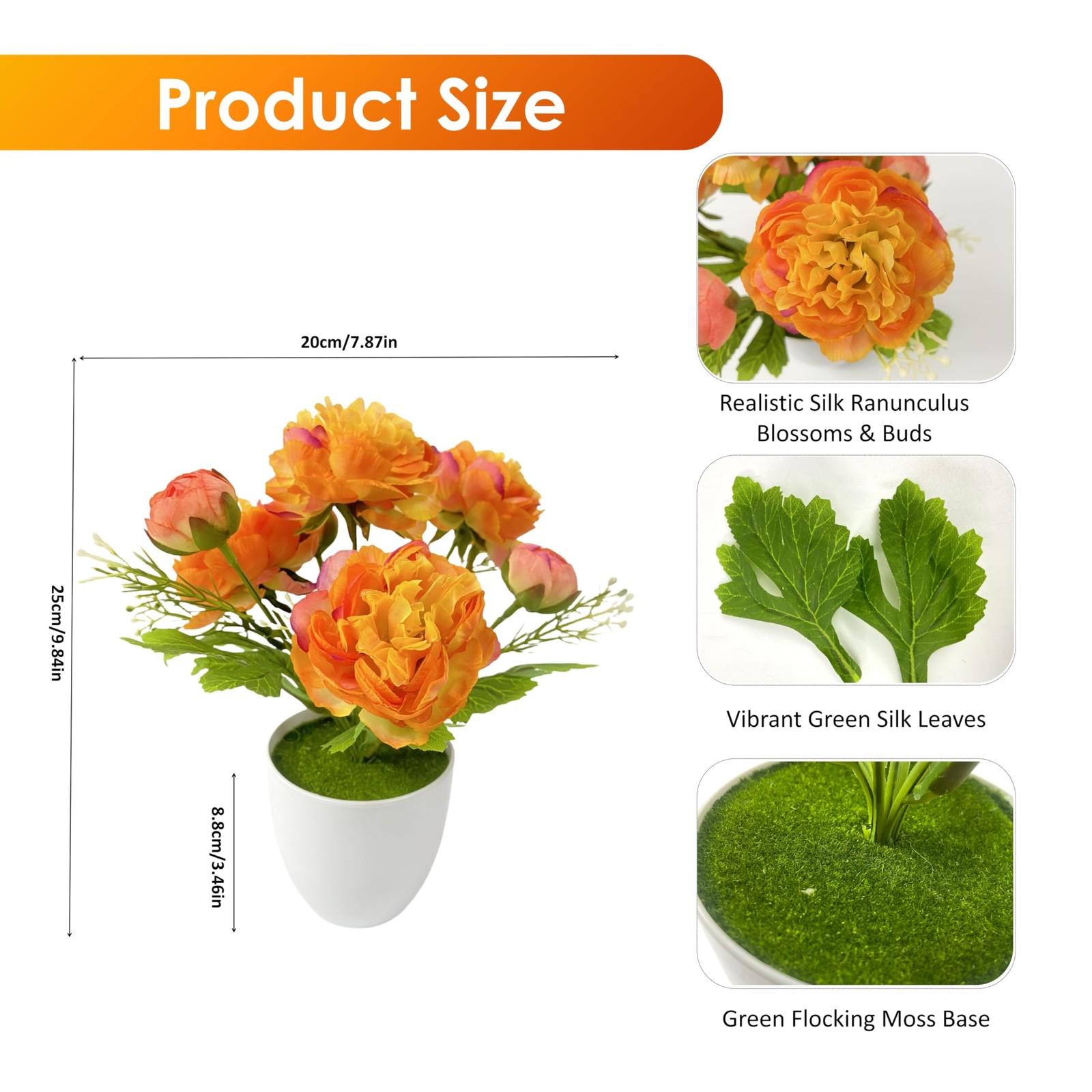 2 PCS Small Fake Potted Flowers Orange Artificial Ranunculus For Home Decor