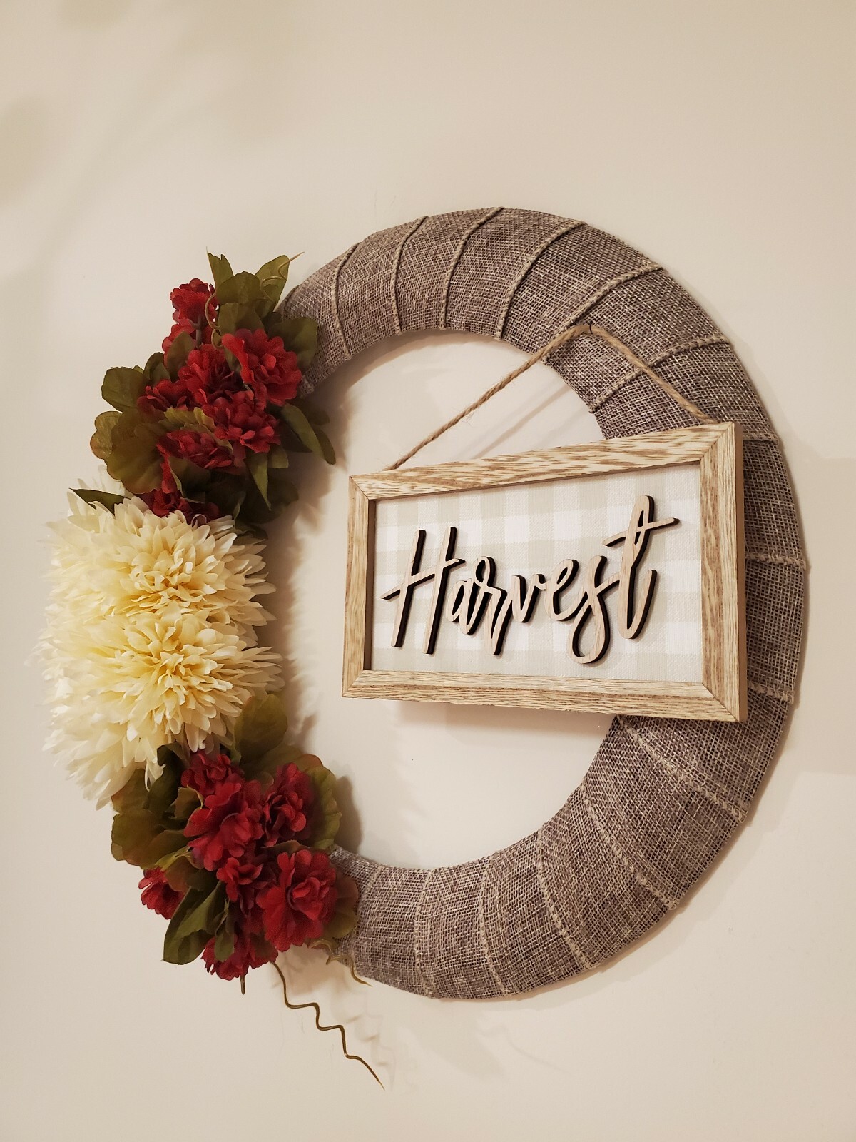 HARVEST fall FLOWER chrysanthemum mums red burlap WREATH autumn Decor Front Door