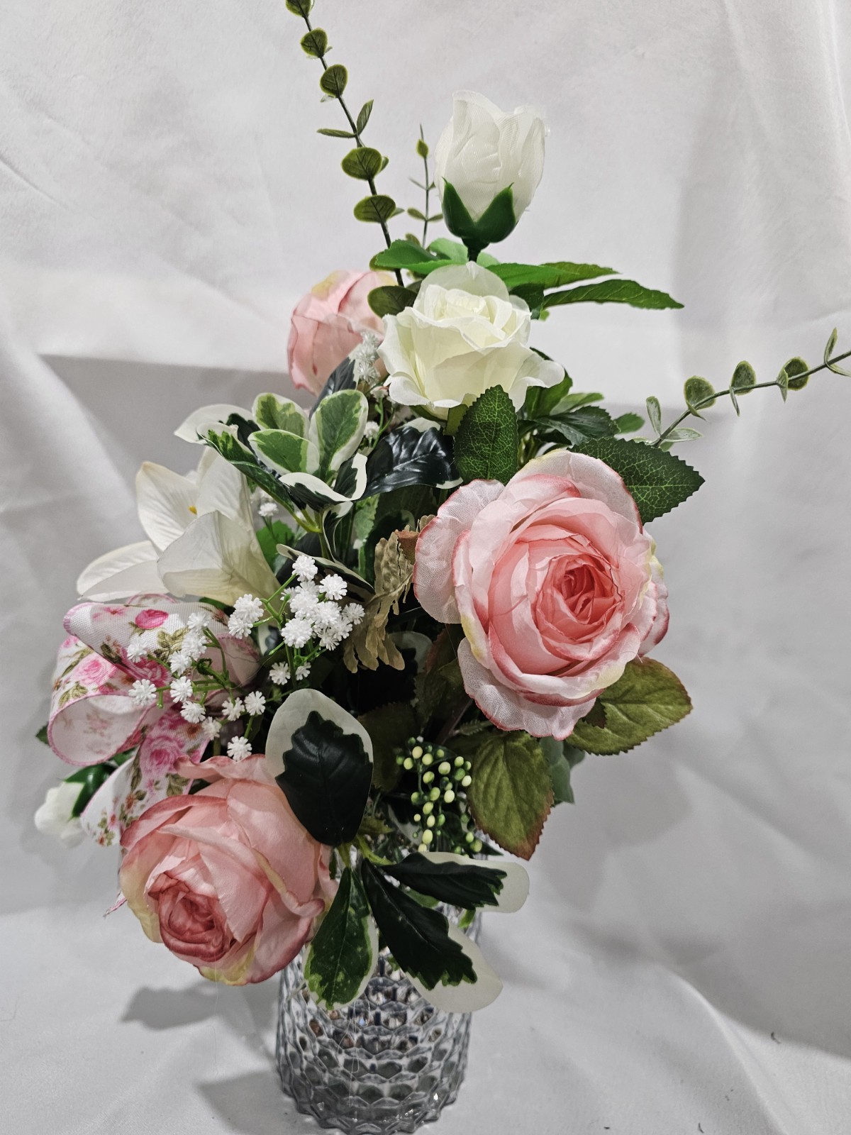Pink Peoniesm, Roses and Lily Artificial Flowers with Baby Breath Accent