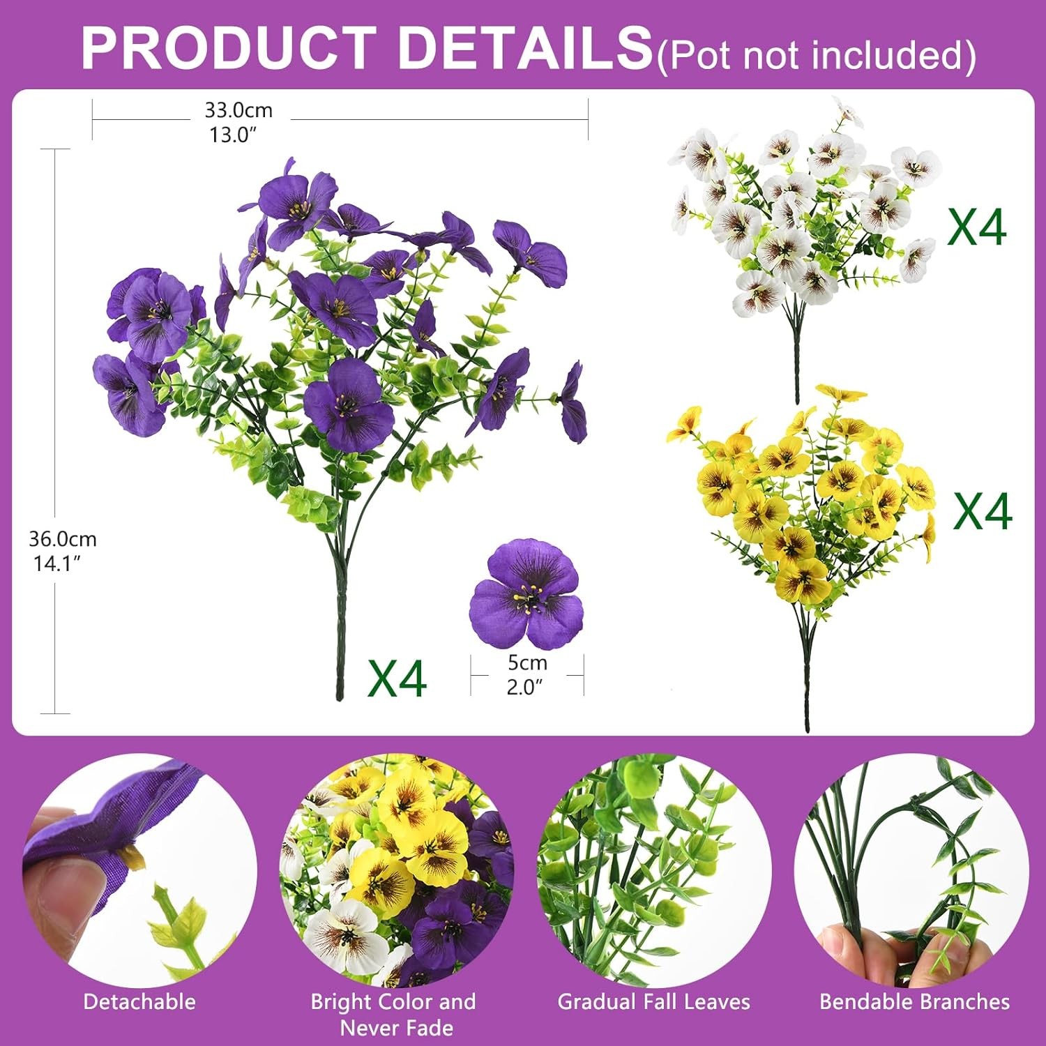 Artificial Fake Pansy Flowers for Outdoors, 12 Pcs Faux Silk Pansies Flower