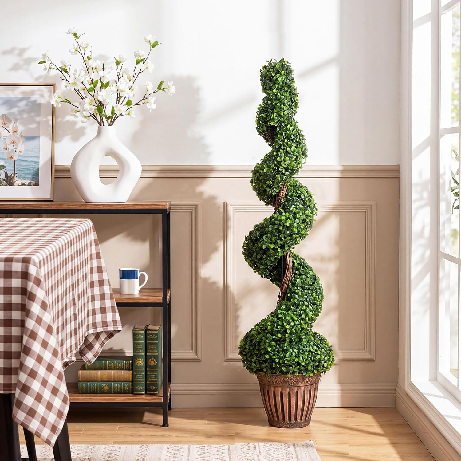 4 Ft Artificial Boxwood Spiral Topiary Tree, Fake Greenery Plants, Leaves & Ceme